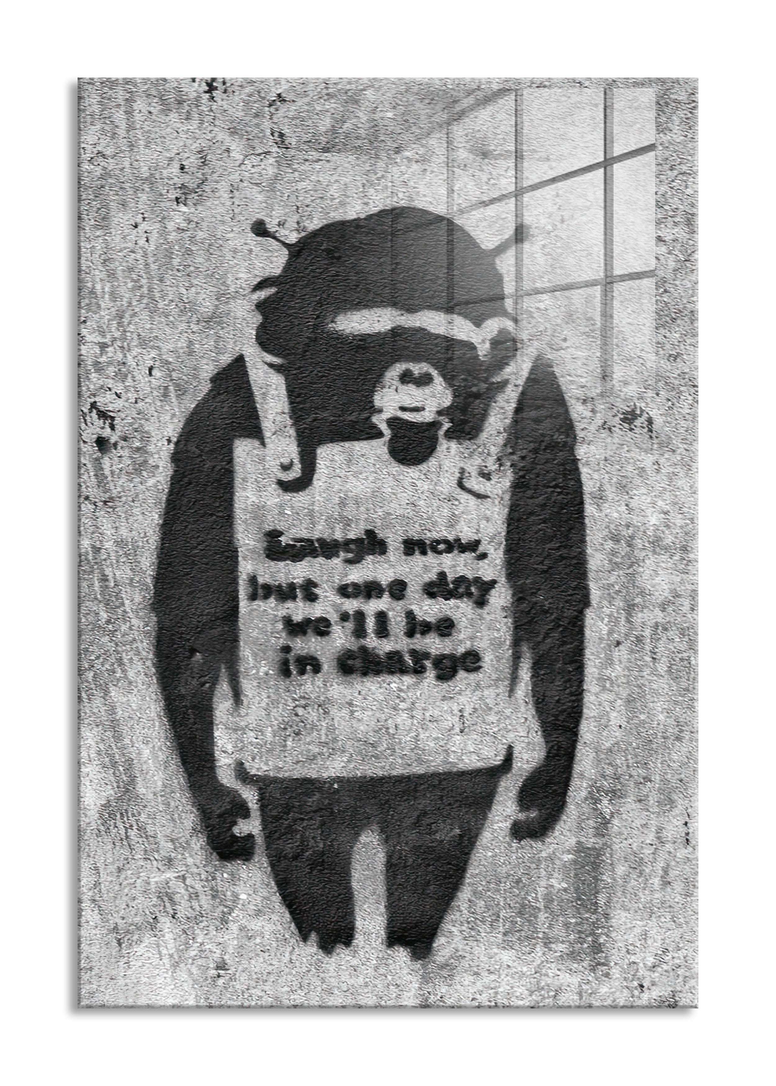 Banksy - Affe mit Schild , Glasbild