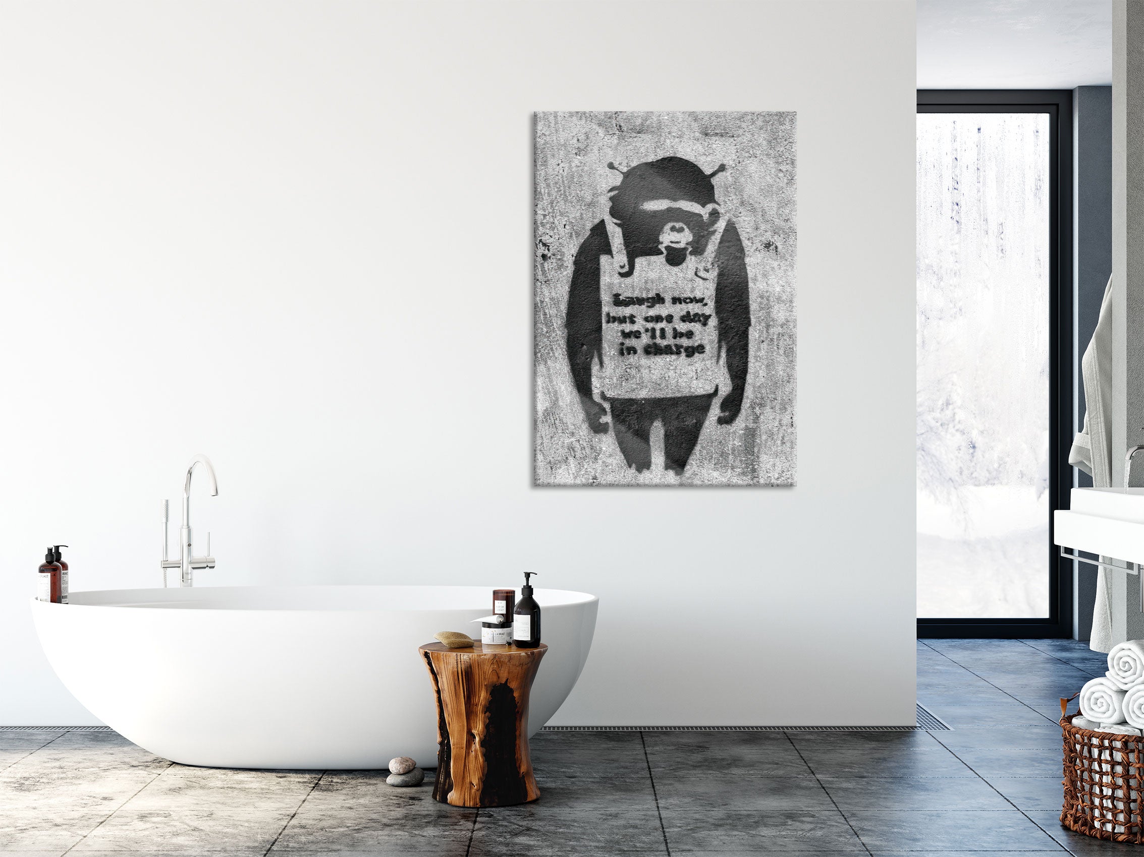 Banksy - Affe mit Schild , Glasbild