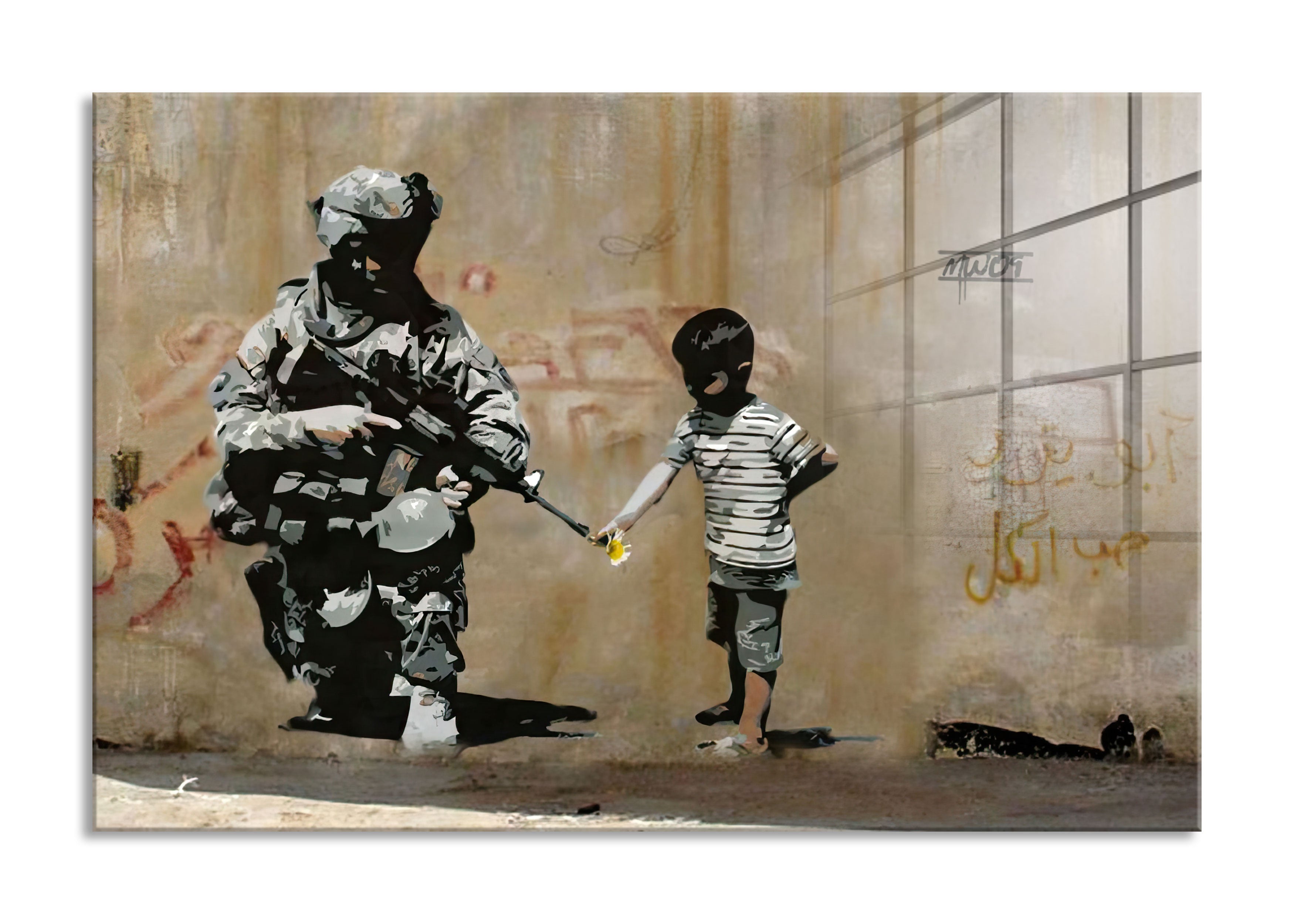 Banksy - Kind und Soldat , Glasbild