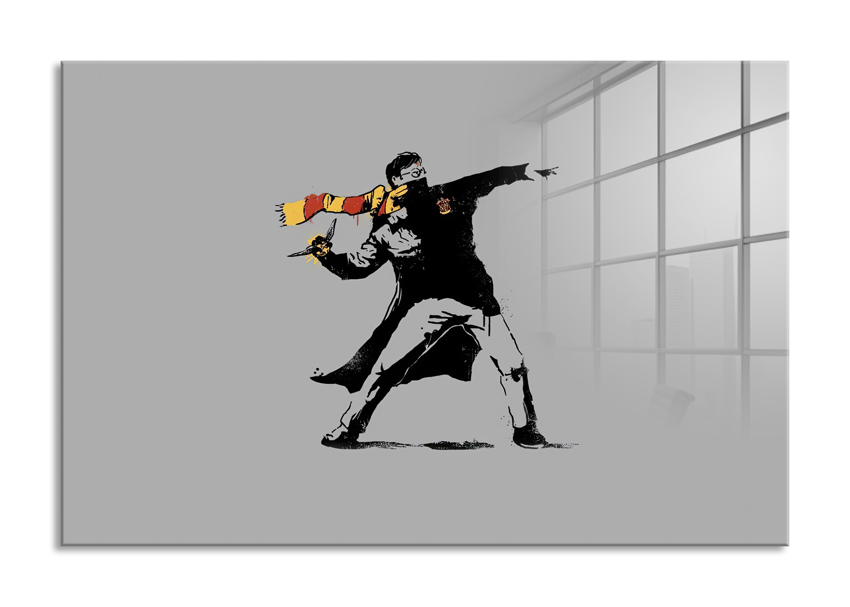 Banksy - Mann mit Fane , Glasbild