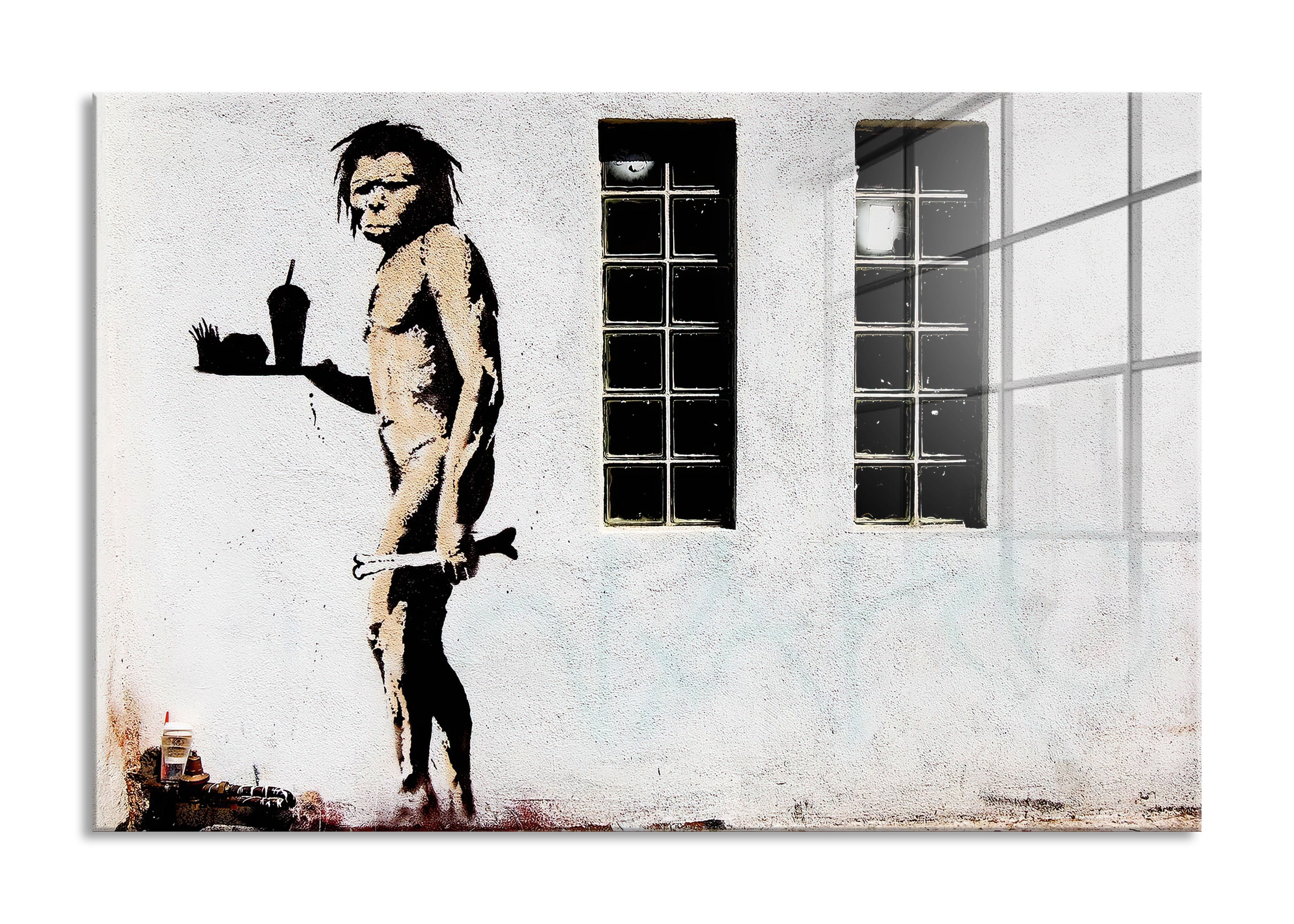 Banksy - Steinmensch mit Fastfood, Glasbild