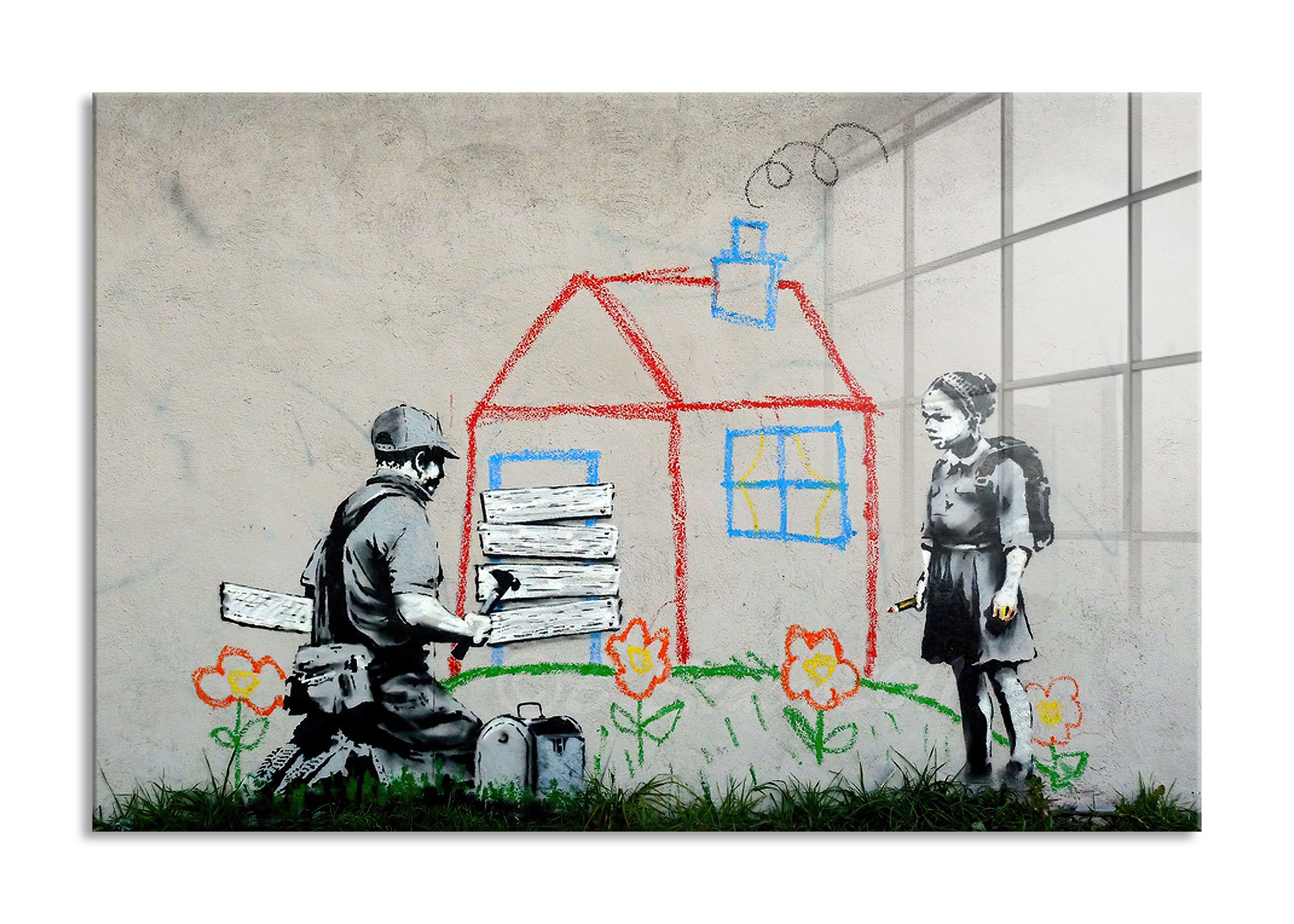 Banksy - Haus auf dem Berg , Glasbild