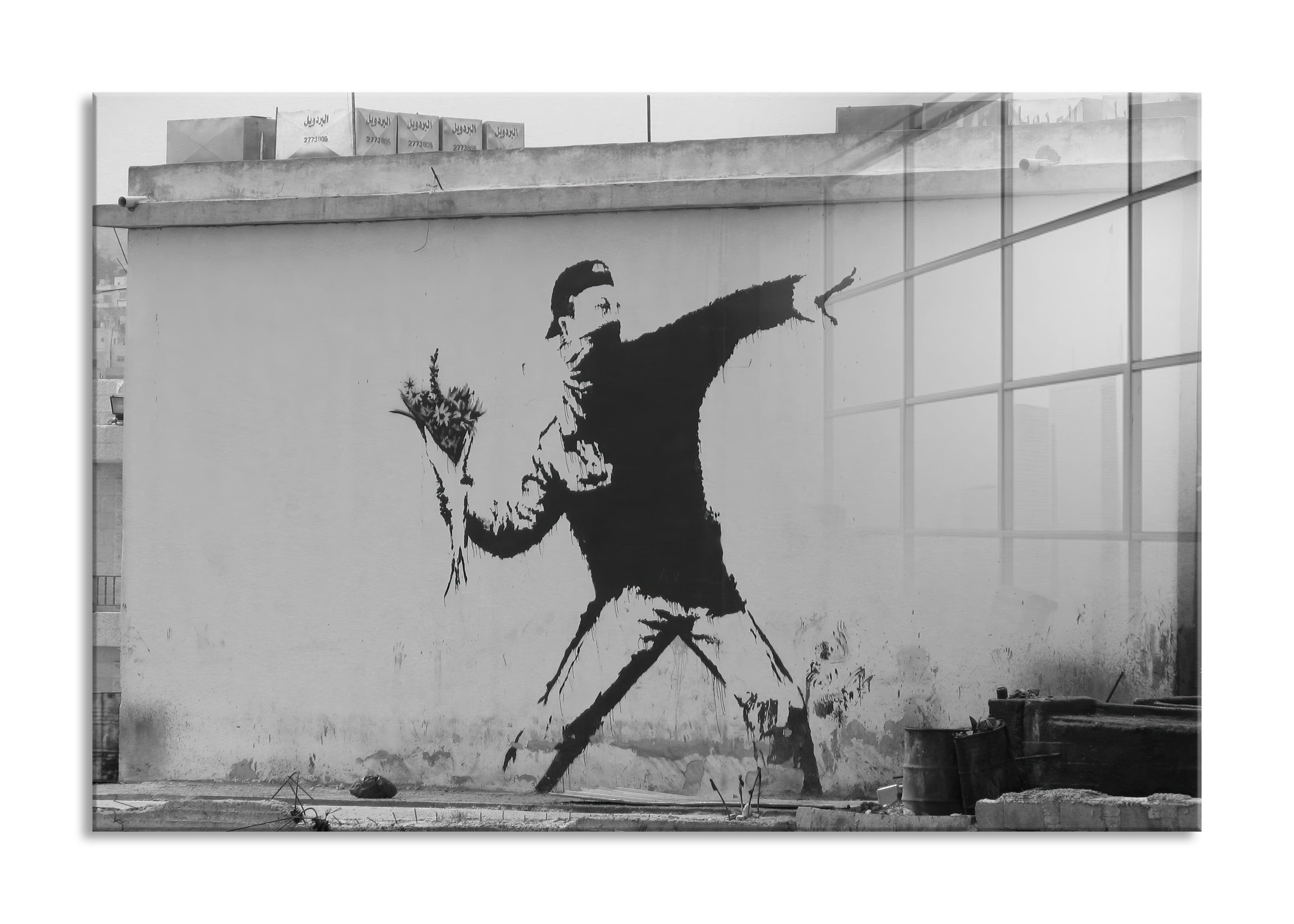 Banksy - Mann mit Blumen 2.0 , Glasbild