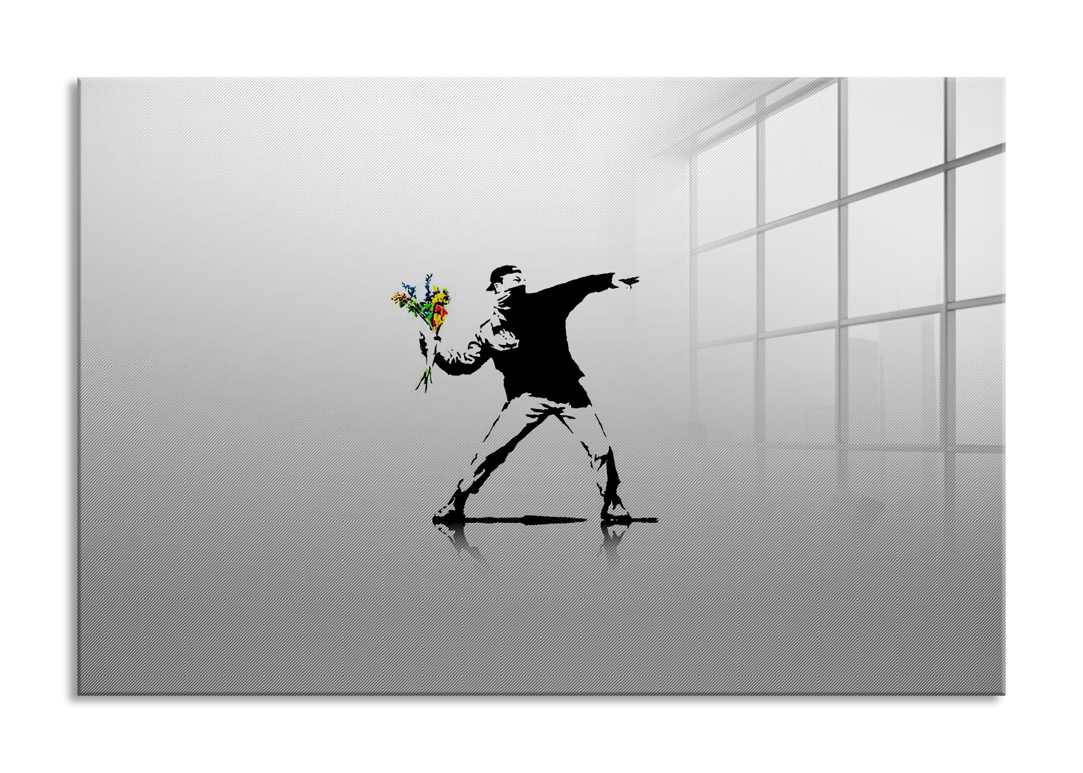 Banksy - Mann mit Blumen 3.0, Glasbild