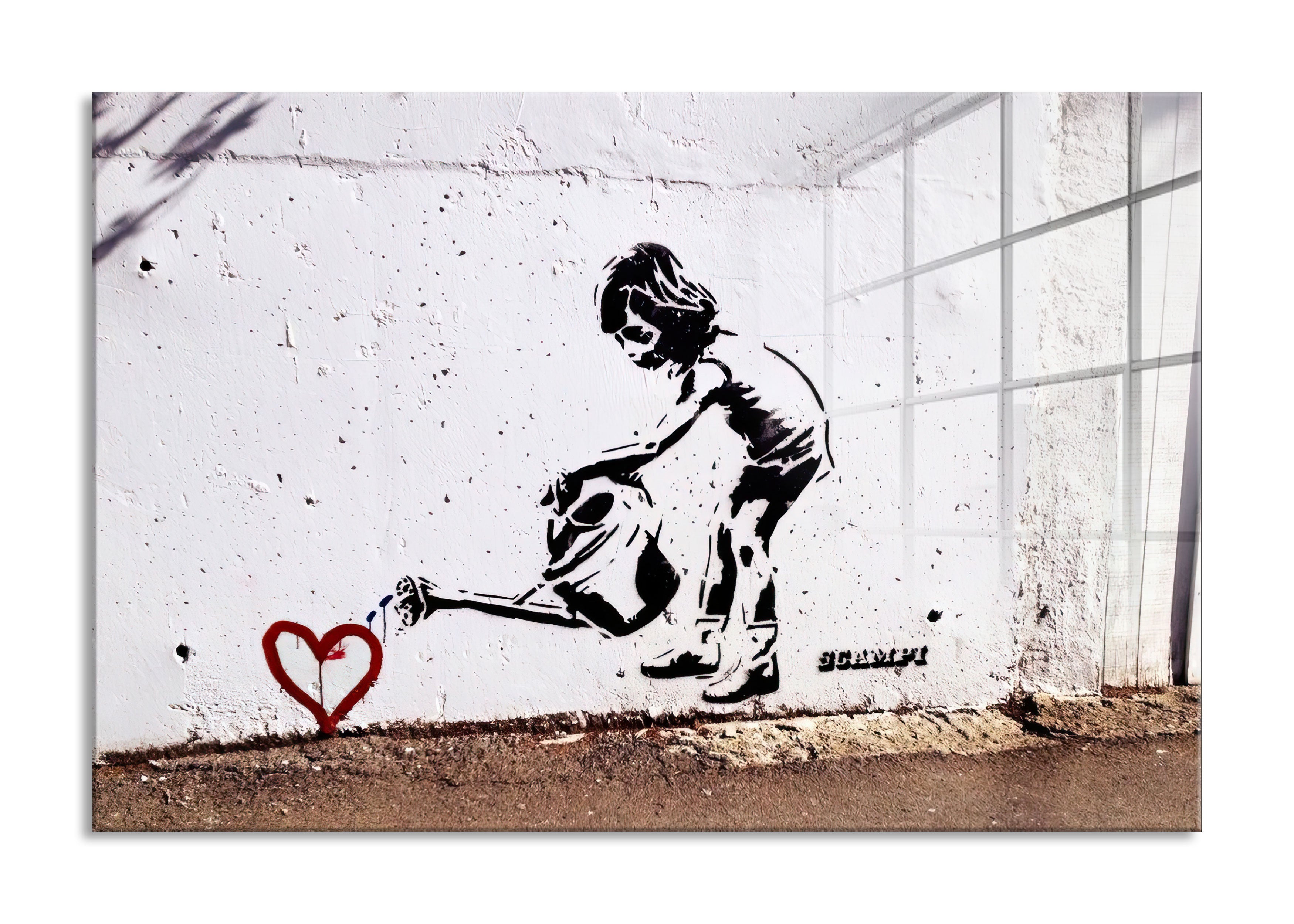 Banksy - Kind mit Giesskanne, Glasbild