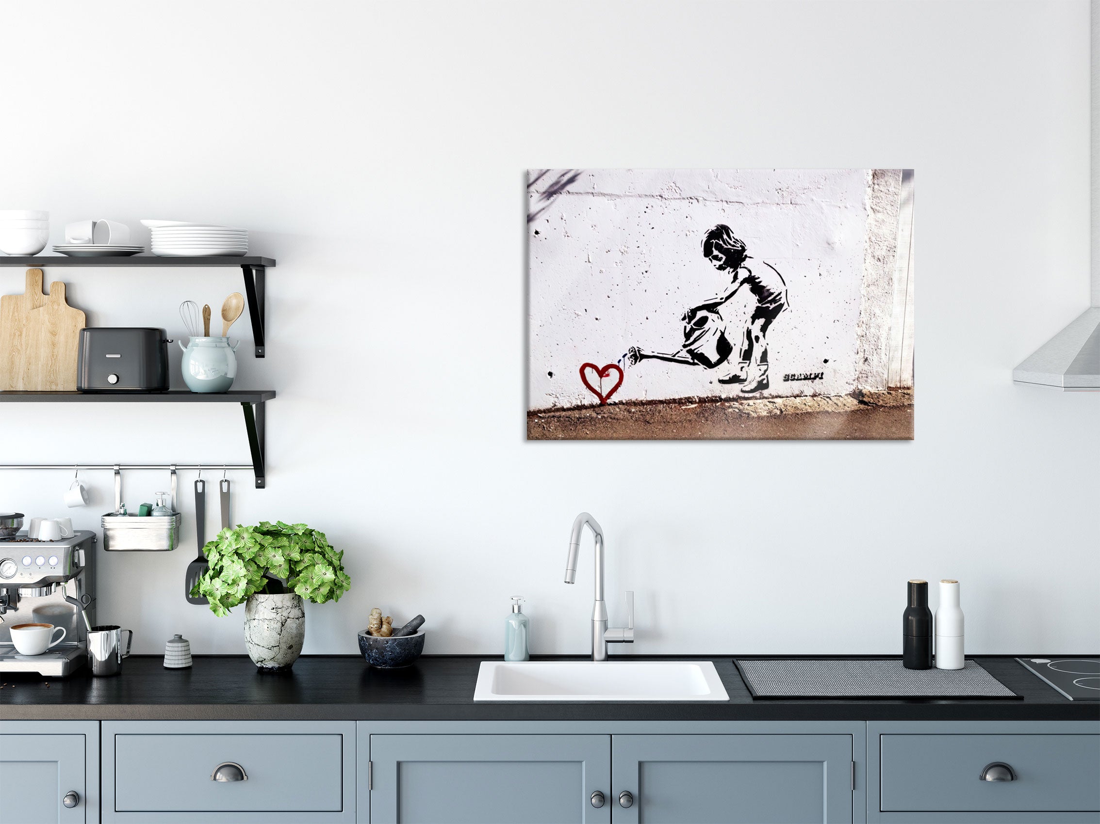 Banksy - Kind mit Giesskanne, Glasbild