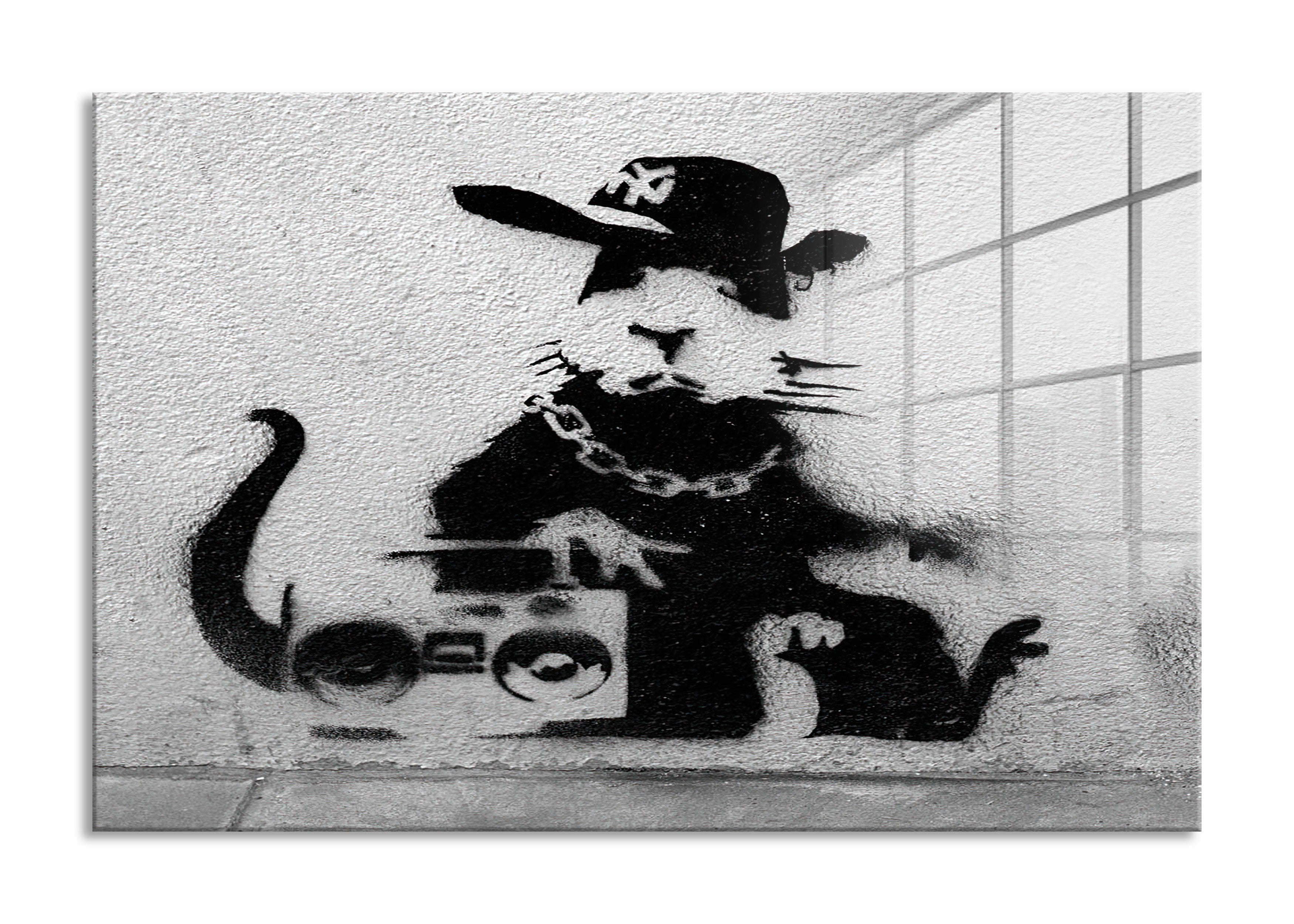 Banksy - Hamster mit Musik Box, Glasbild