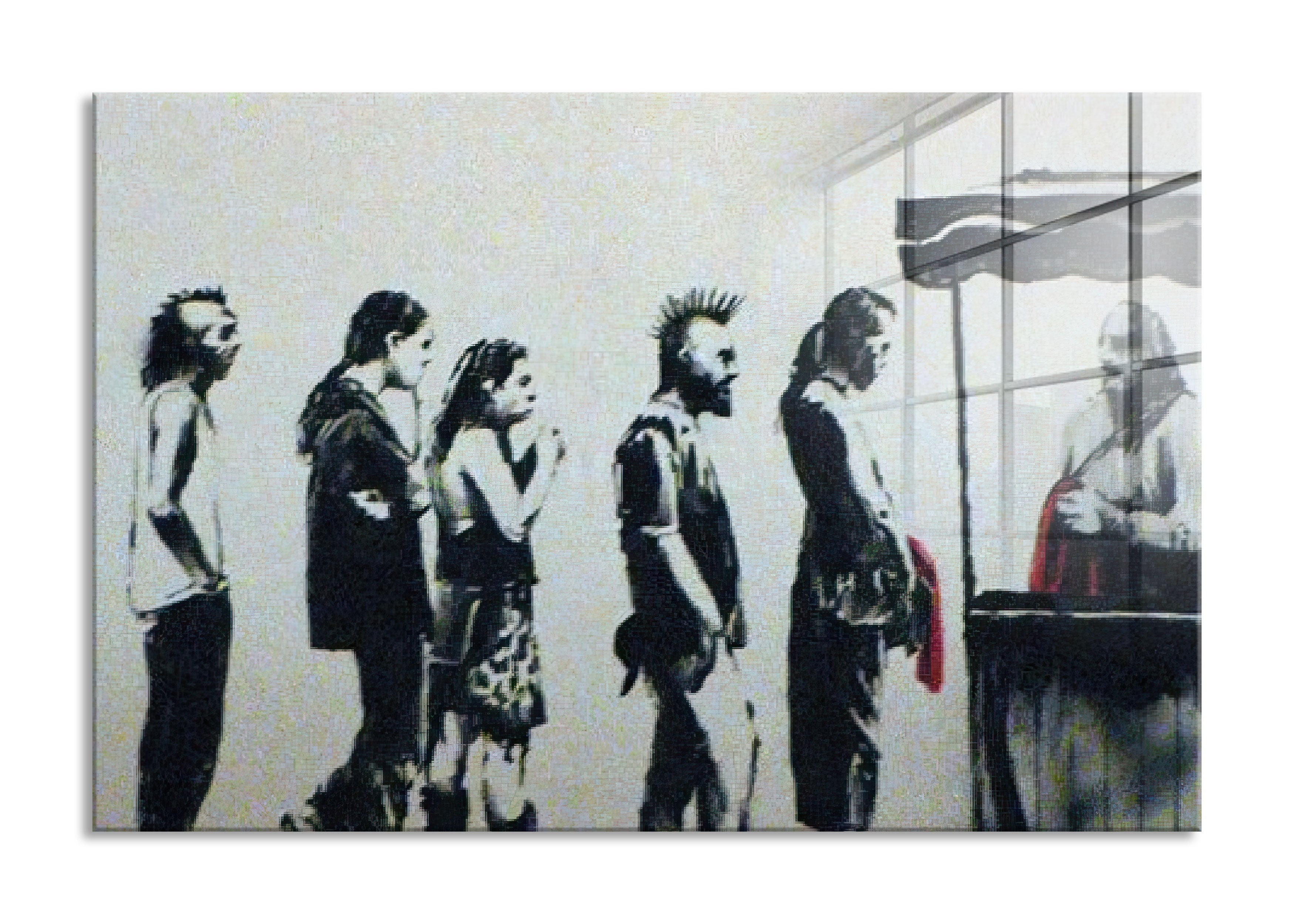 Banksy - Anstehende Menschen, Glasbild