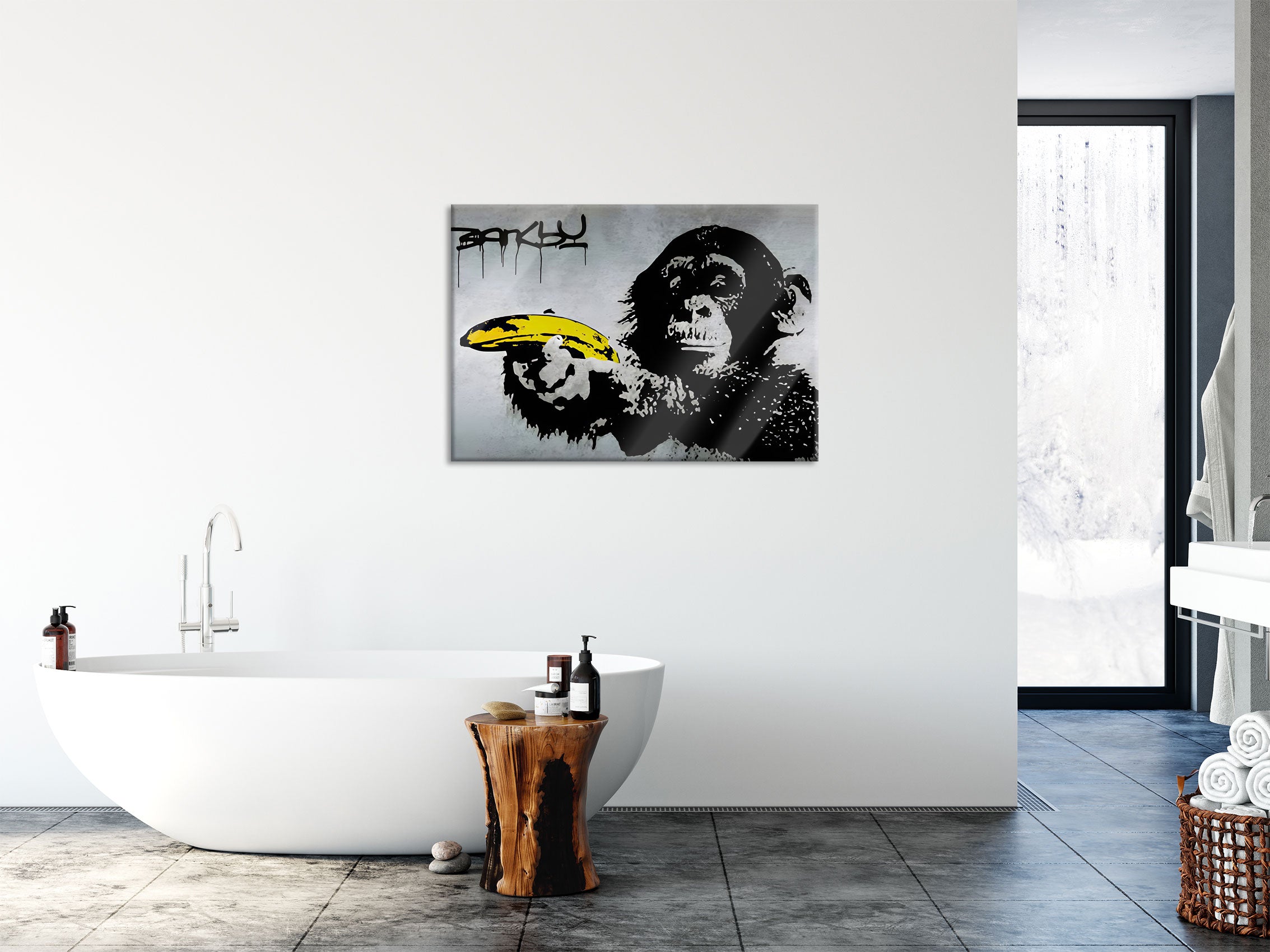 Banksy - Affe schießt mit Banane, Glasbild