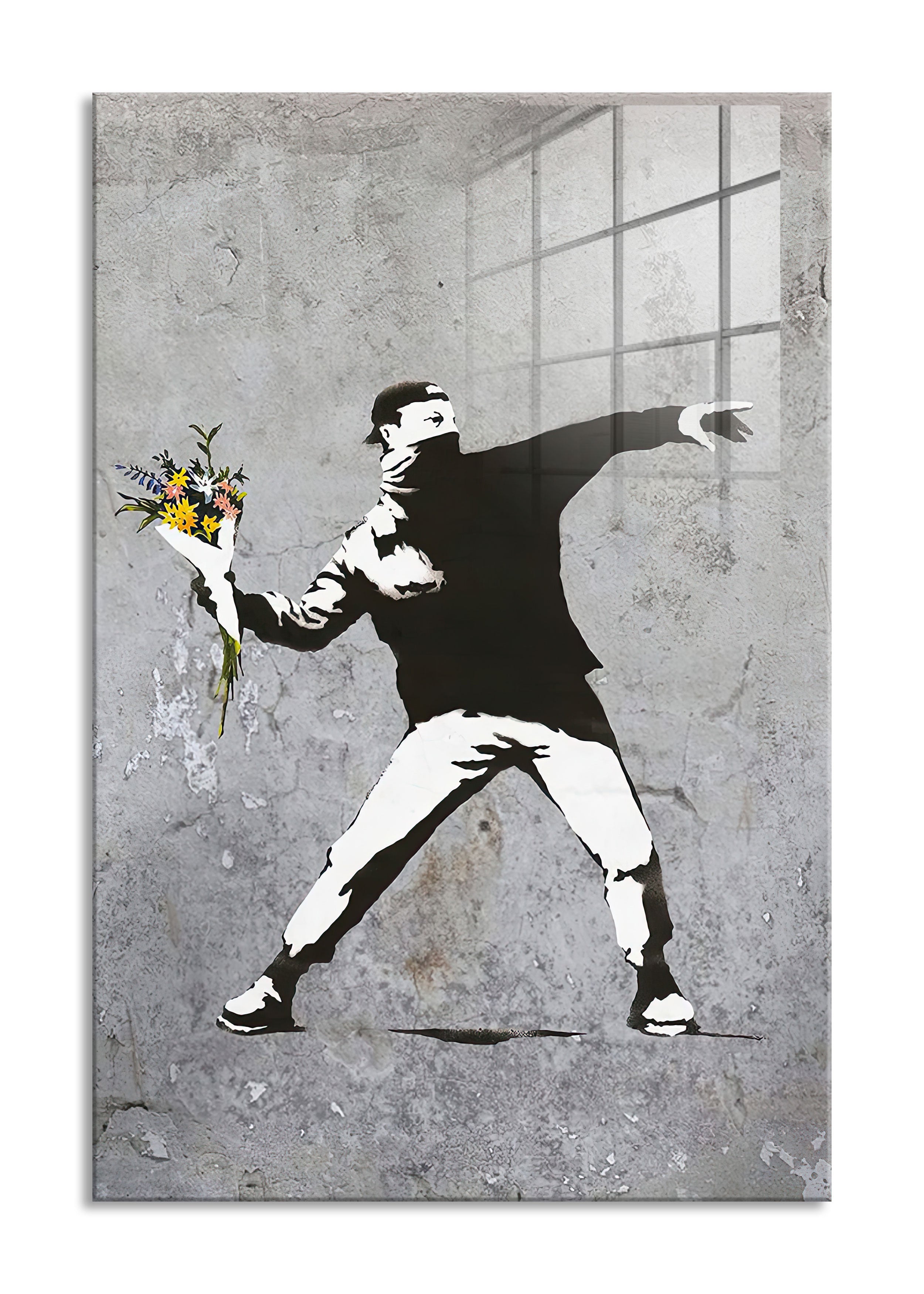 Banksy - Vermummter Mann wirft Blumen, Glasbild