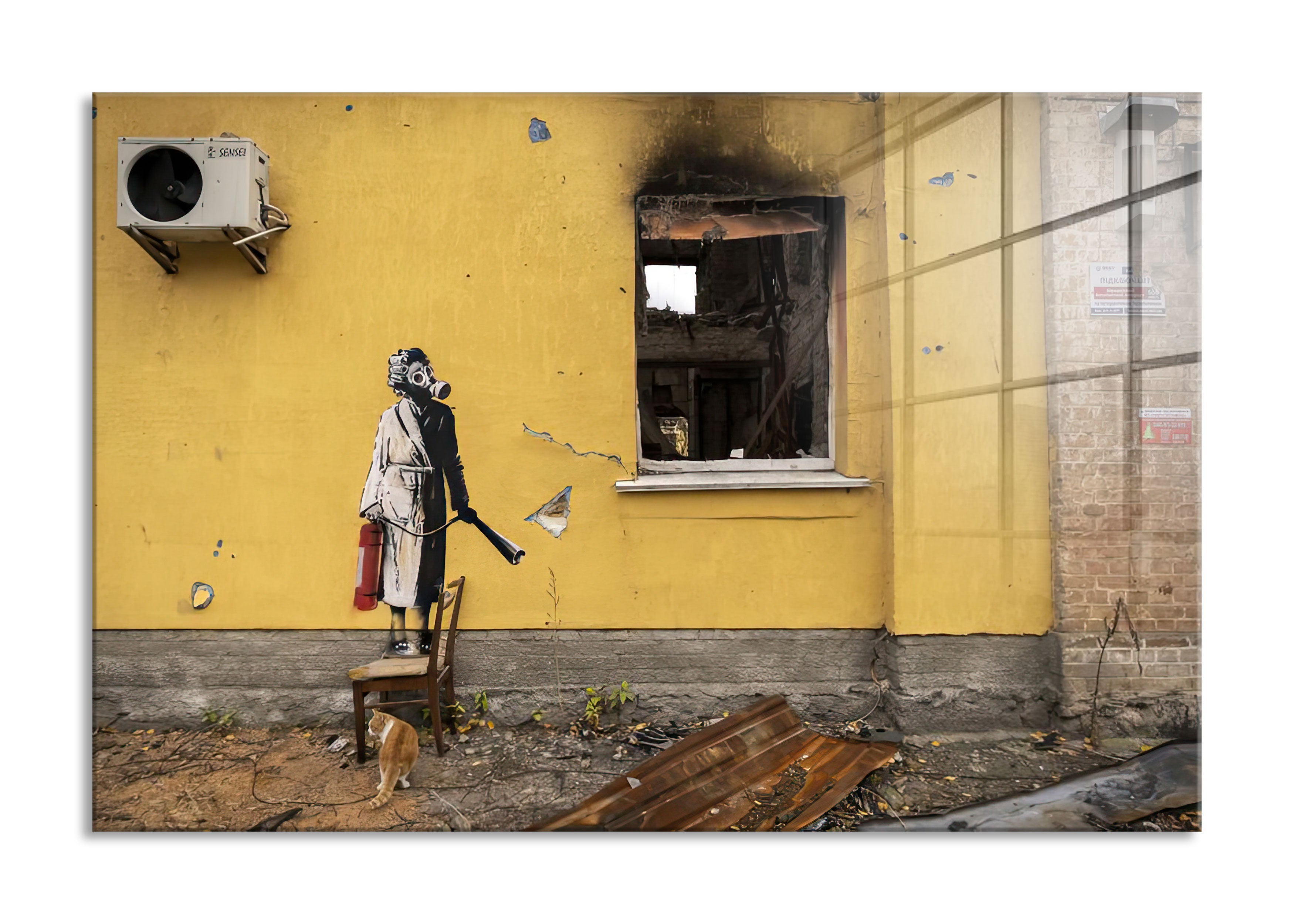 Banksy - Mann legt Brand, Glasbild