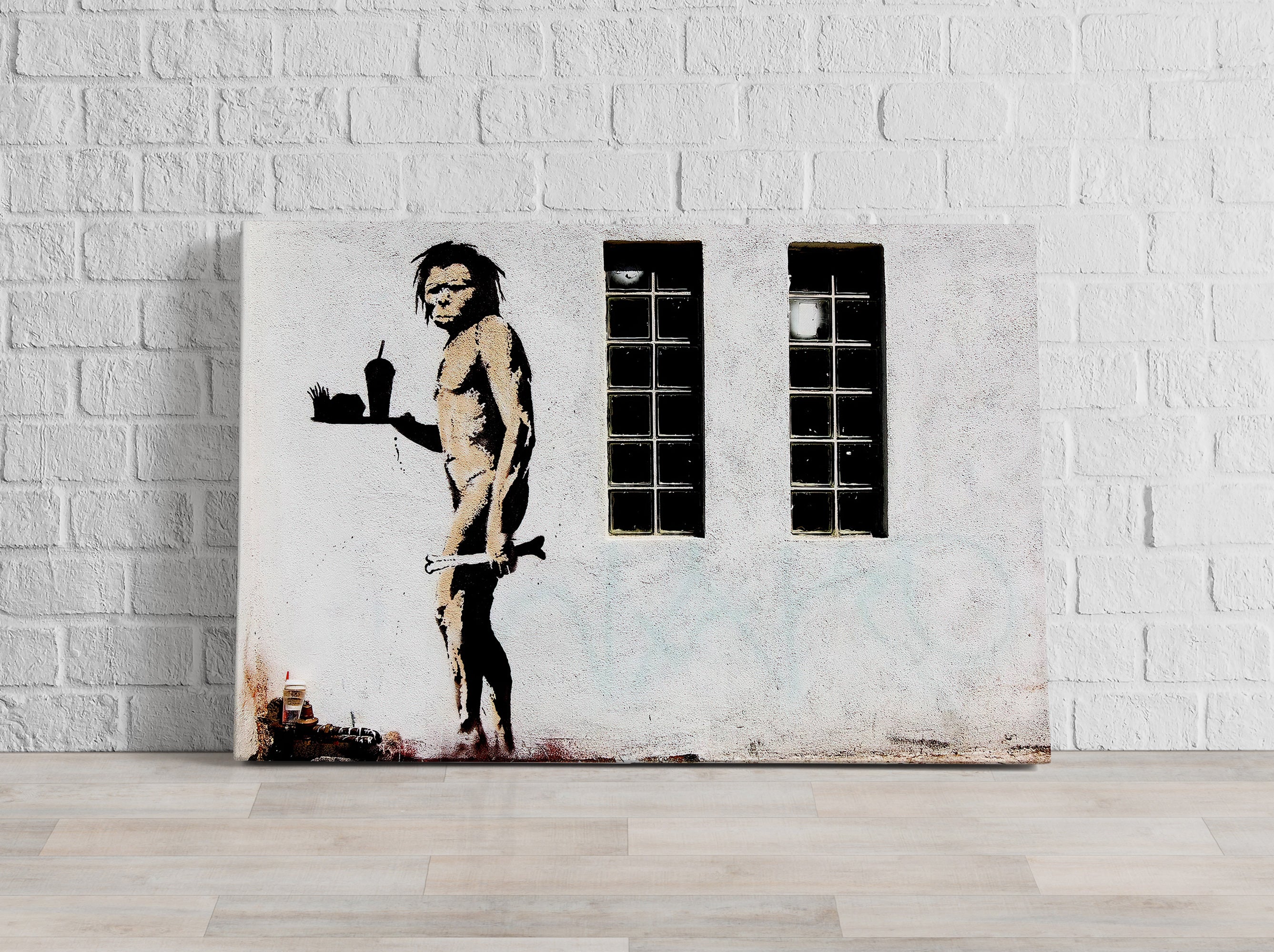 Banksy - Steinmensch mit Fastfood, Leinwandbild