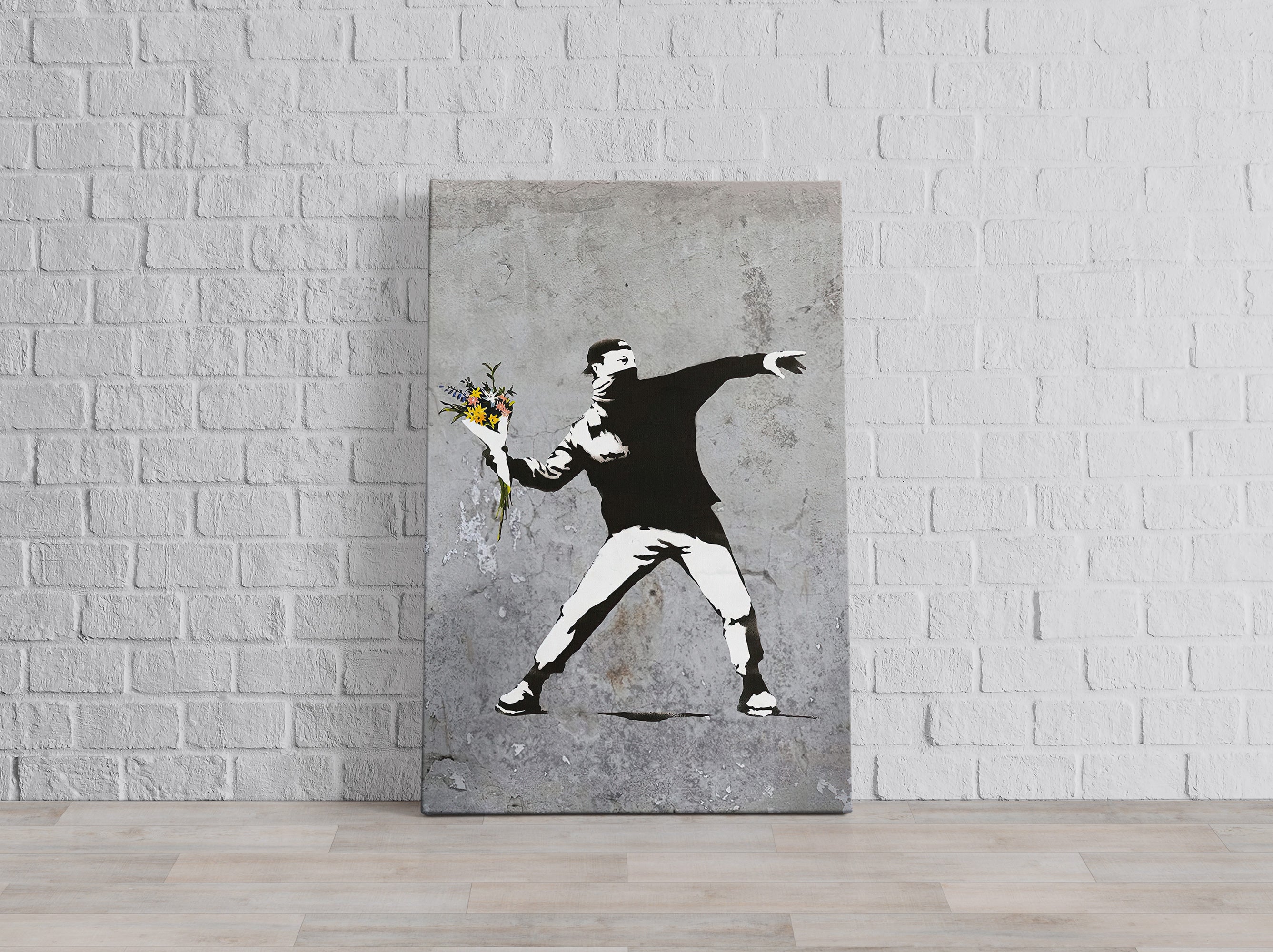 Banksy - Vermummter Mann wirft Blumen, Leinwandbild