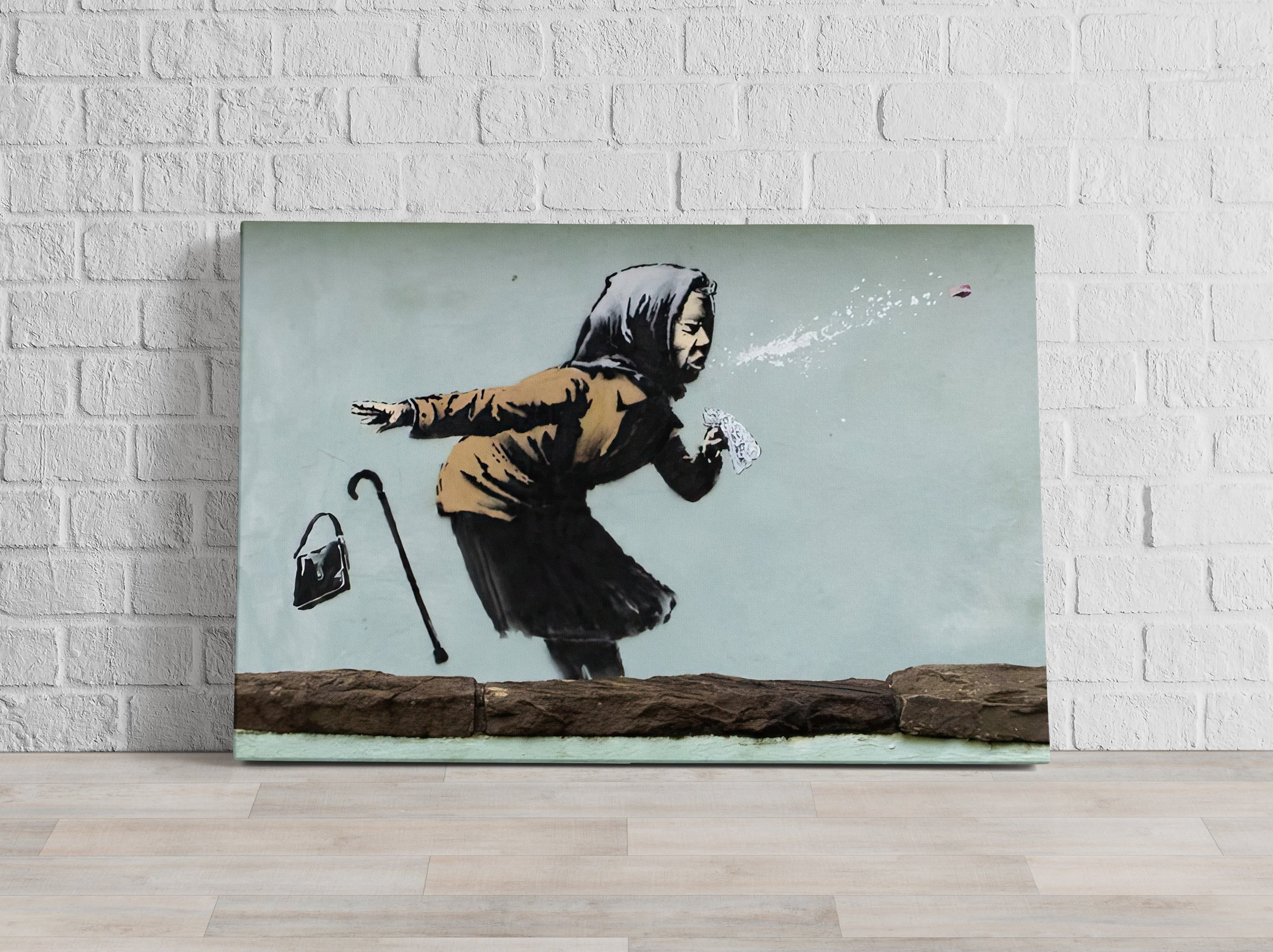 Banksy - Alte Frau niest, Leinwandbild