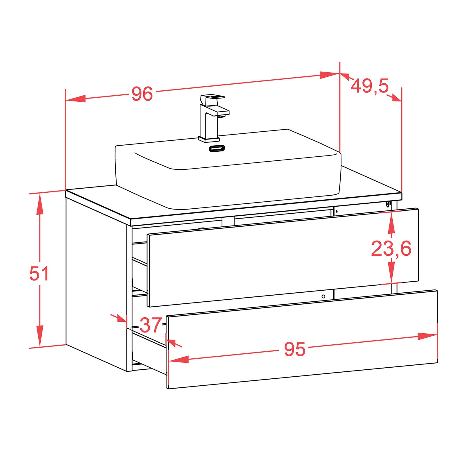 Waschtisch inkl. Aufsatzwaschbecken - Thor - Design Unifarb-Dekor/Anthrazit/Eiche - Wandmontage mit Push to Open - 96 cm