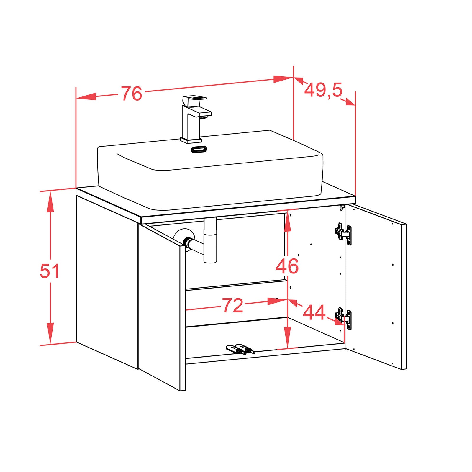 Waschtisch inkl. Aufsatzwaschbecken - Odin - Design Unifarb-Dekor/Anthrazit/Anthrazit - Wandmontage mit Push to Open - 76 cm