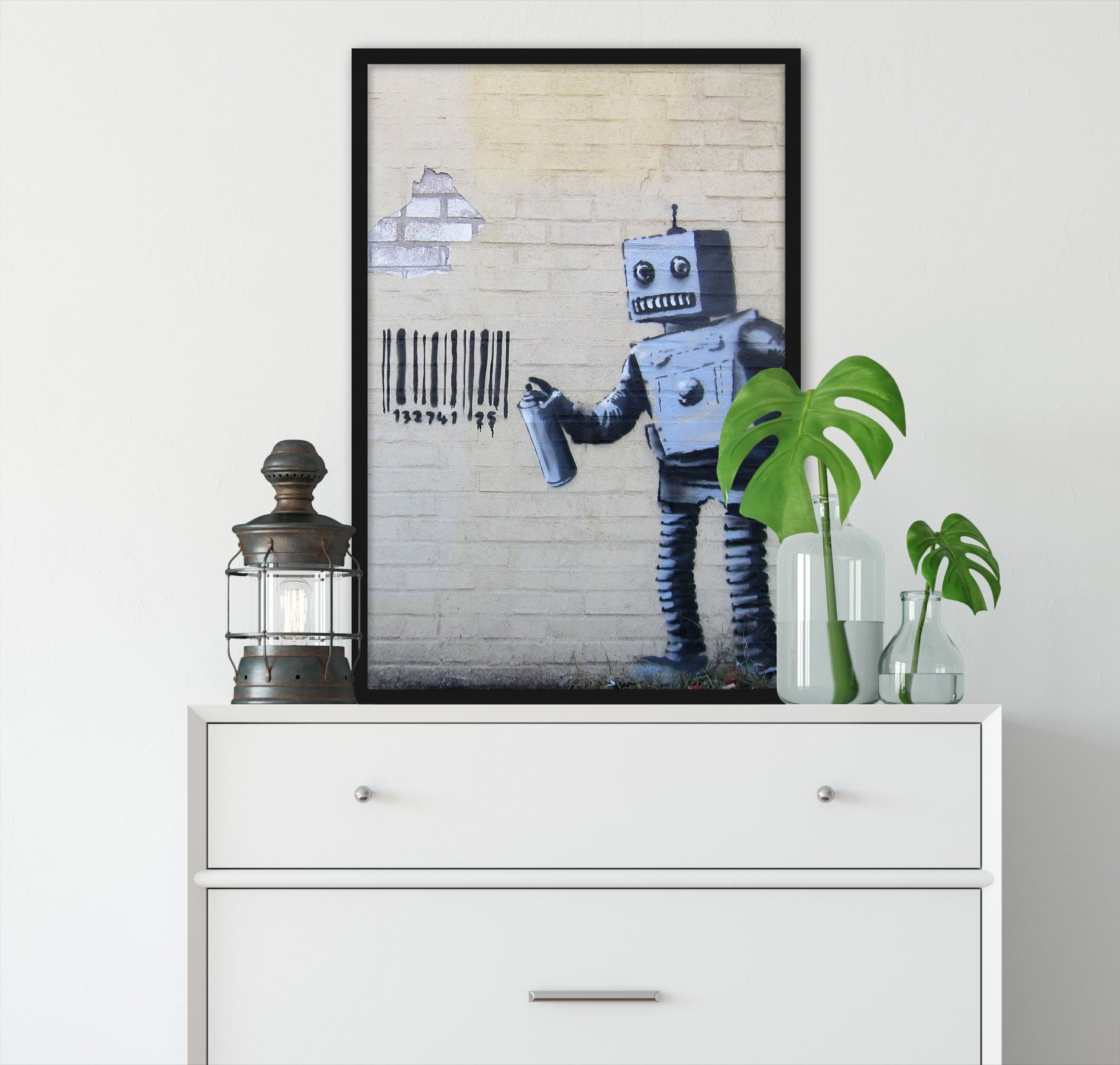 Banksy - Roboter mit code , Poster im Rahmen