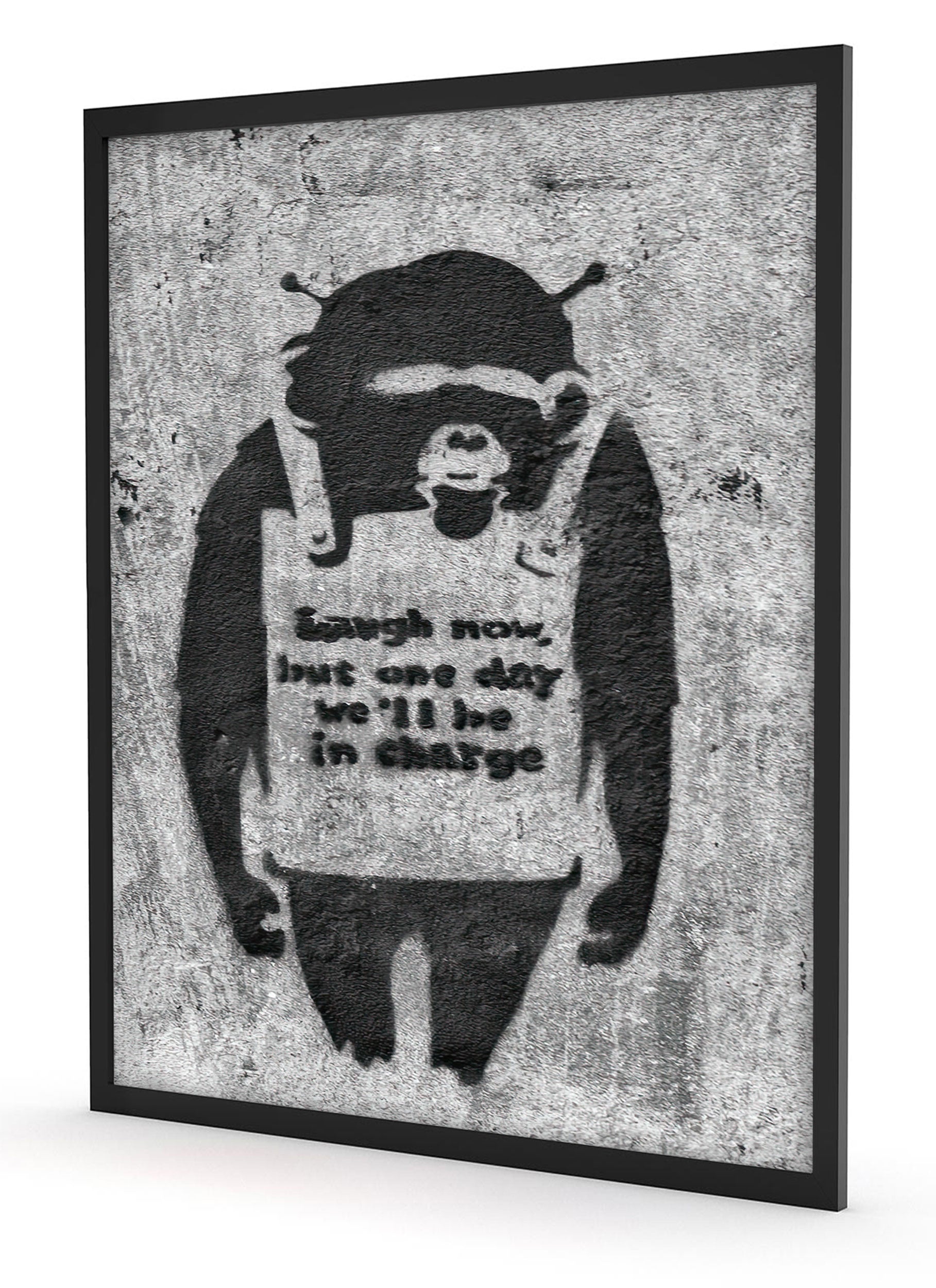 Banksy - Affe mit Schild , Poster im Rahmen