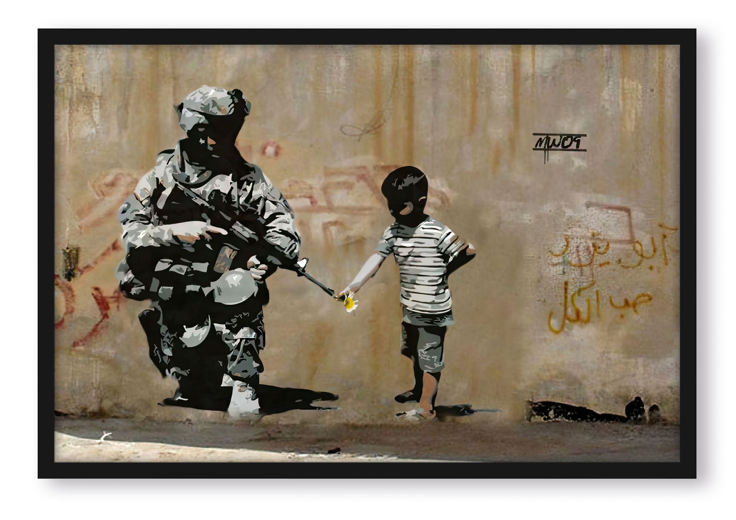 Banksy - Kind und Soldat , Poster im Rahmen