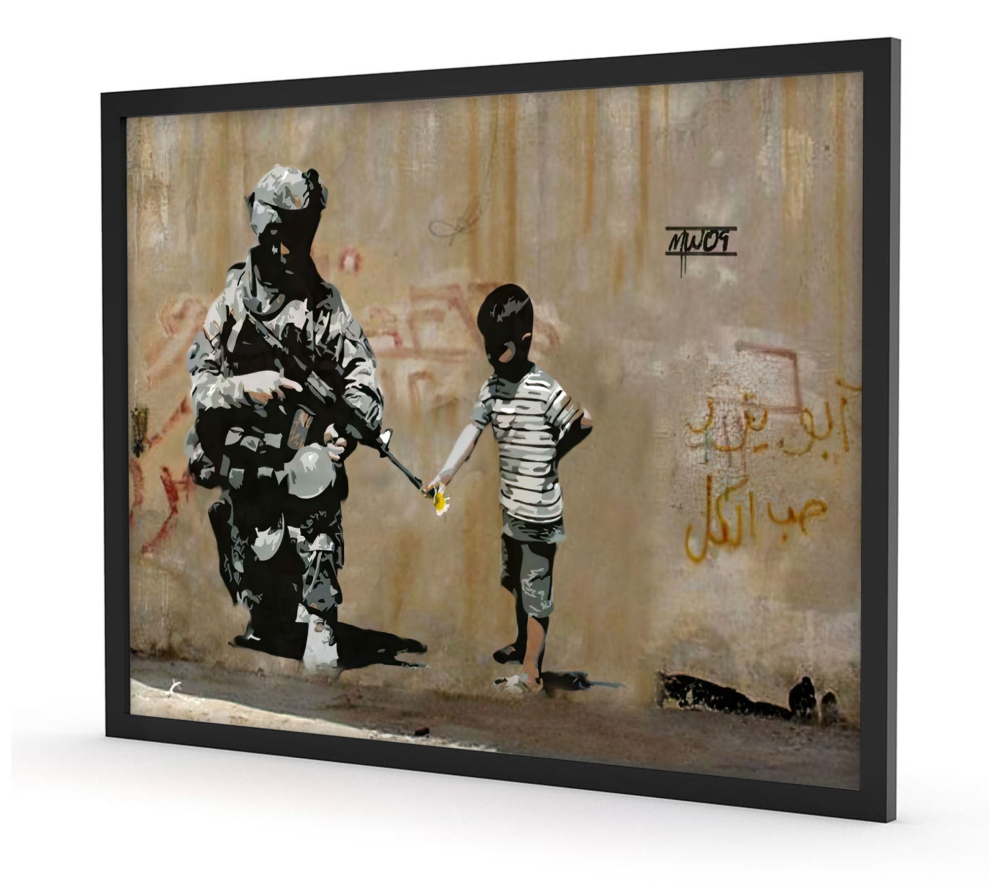 Banksy - Kind und Soldat , Poster im Rahmen