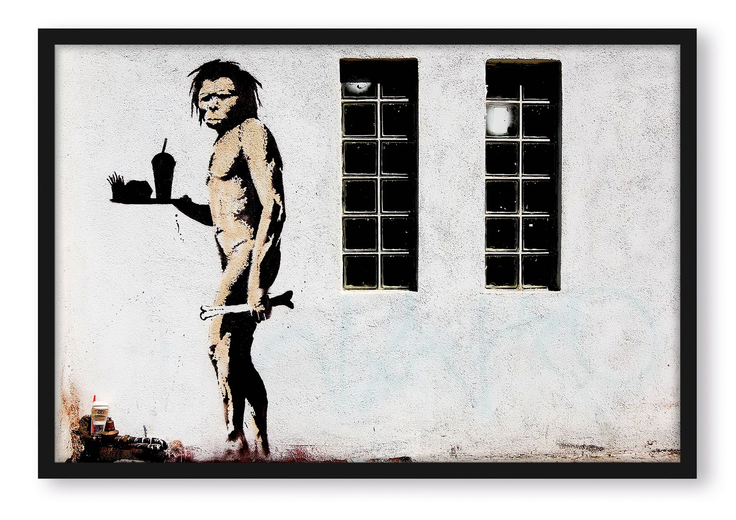 Banksy - Steinmensch mit Fastfood, Poster im Rahmen