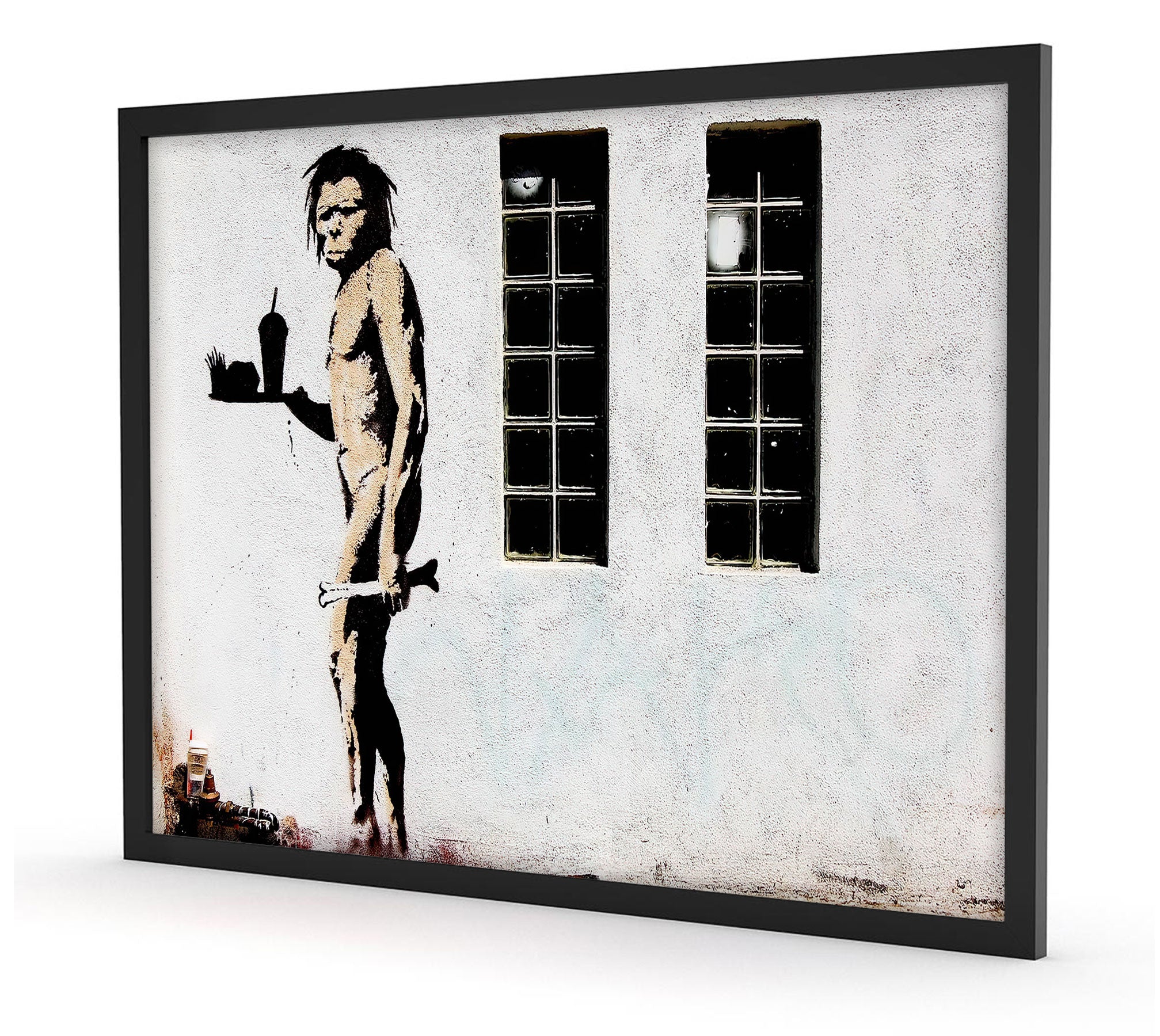 Banksy - Steinmensch mit Fastfood, Poster im Rahmen