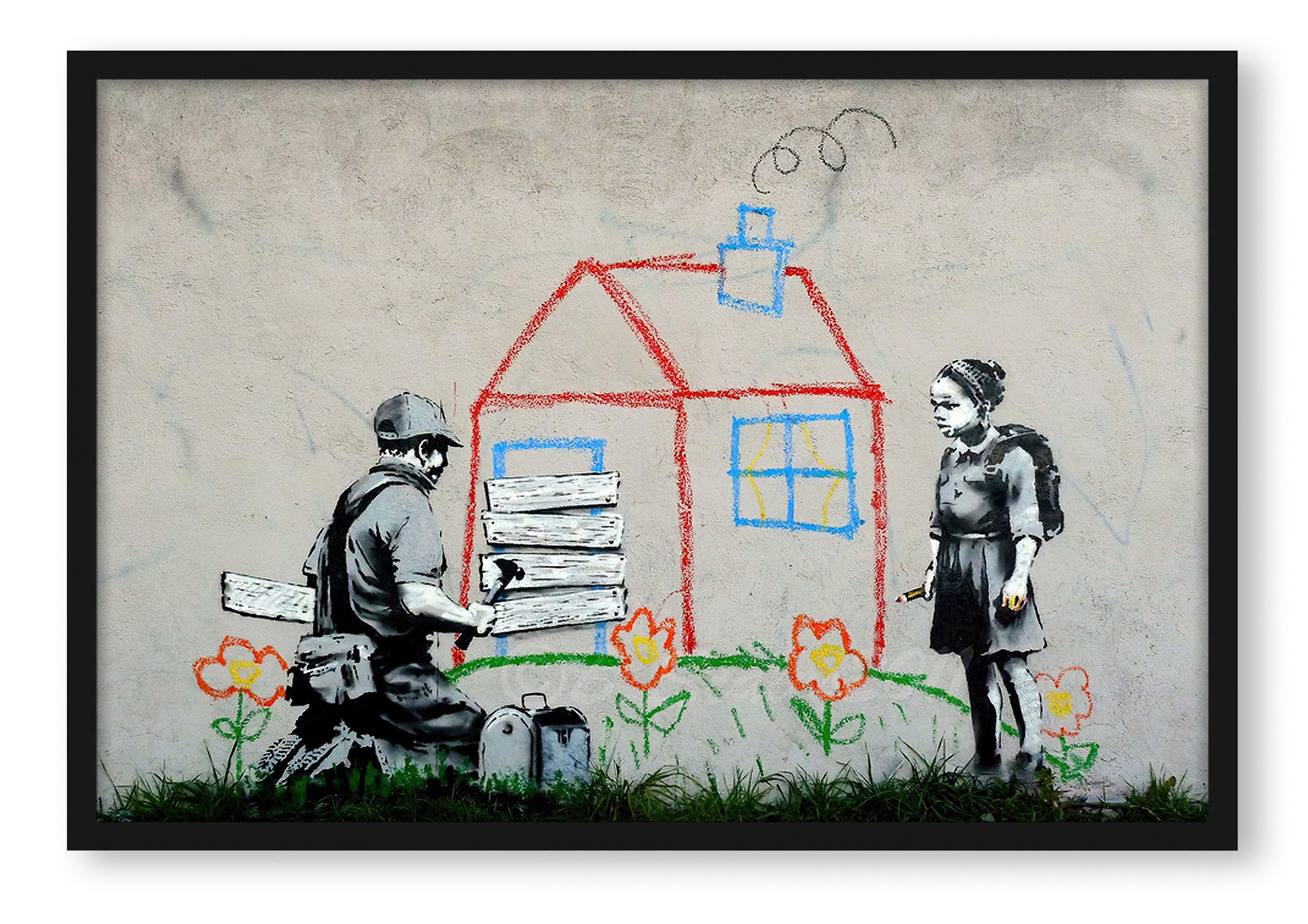 Banksy - Haus auf dem Berg , Poster im Rahmen