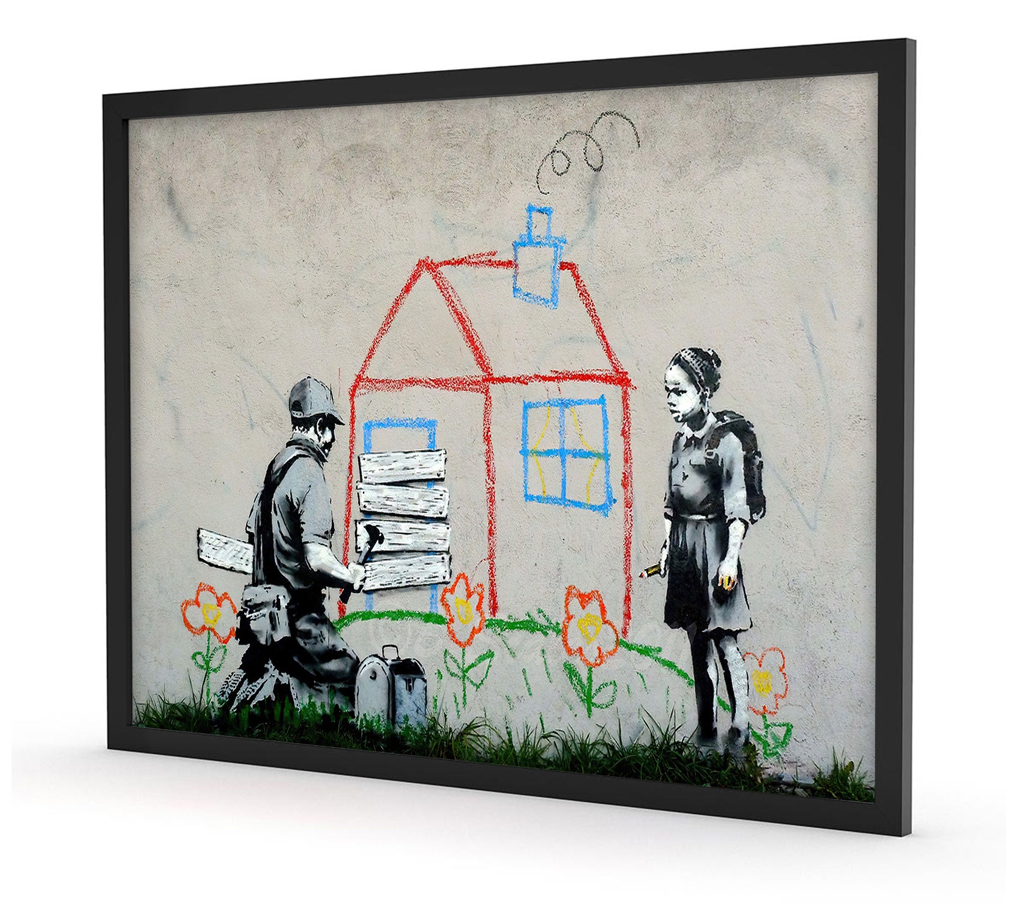 Banksy - Haus auf dem Berg , Poster im Rahmen