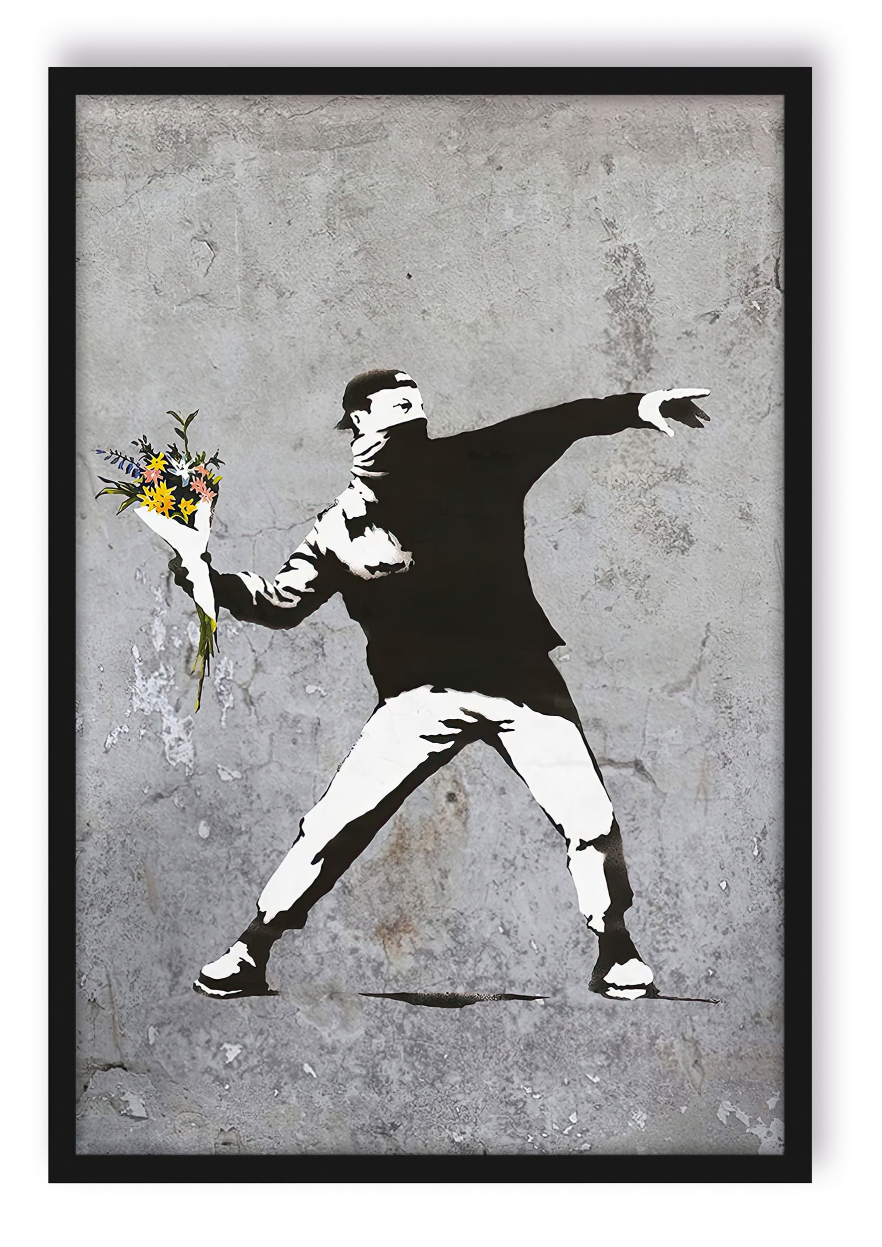 Banksy - Vermummter Mann wirft Blumen, Poster im Rahmen