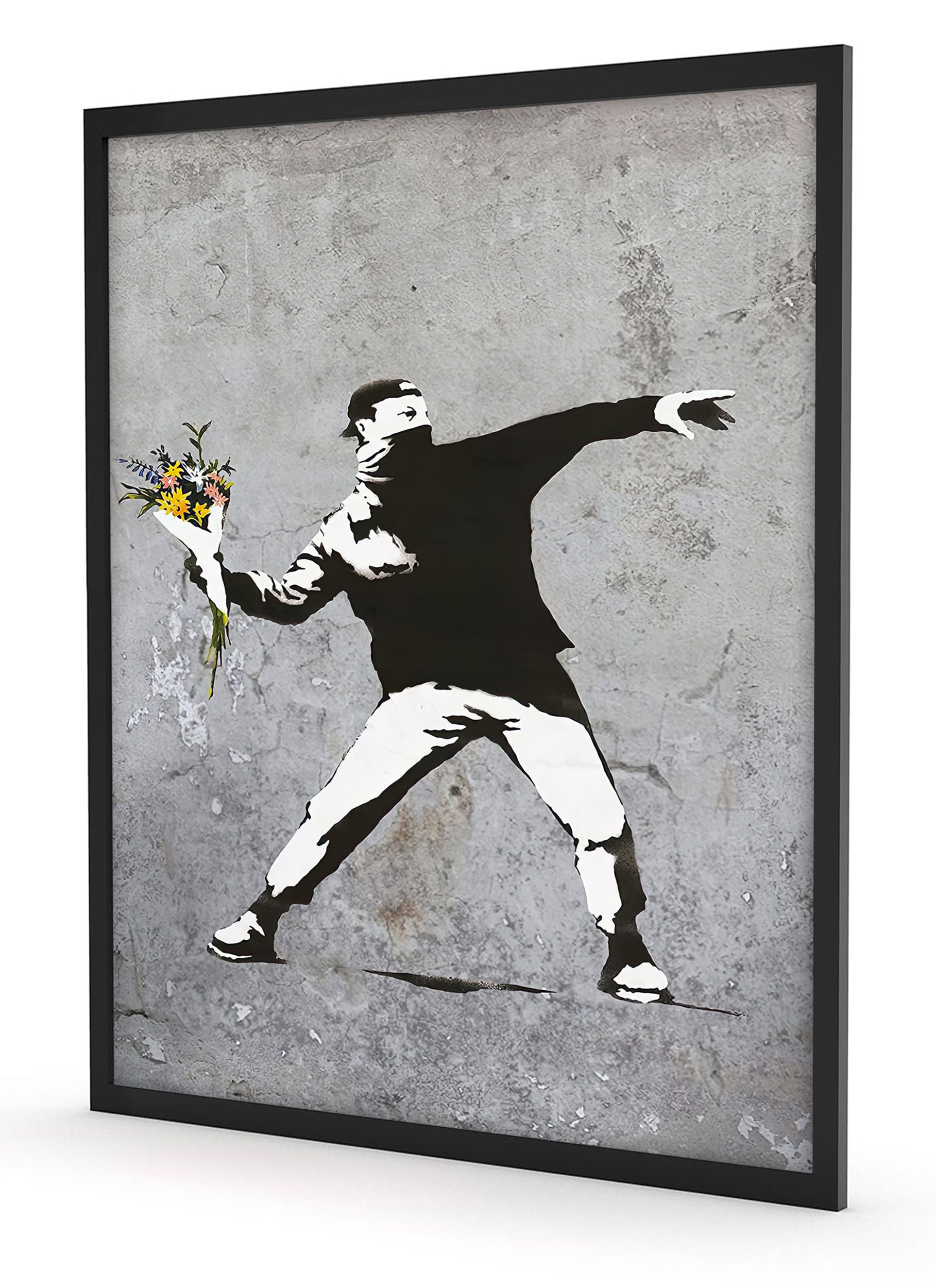 Banksy - Vermummter Mann wirft Blumen, Poster im Rahmen