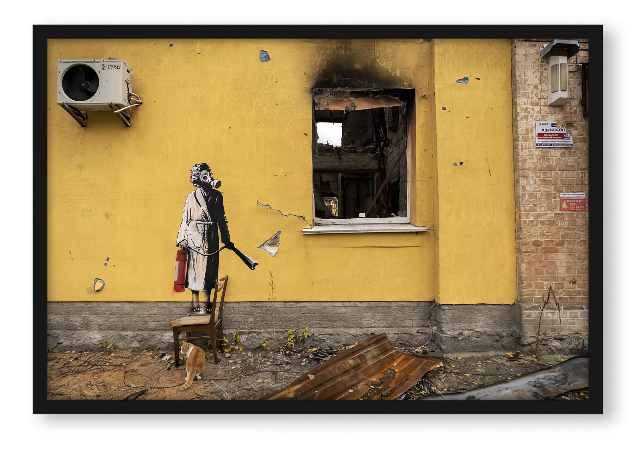 Banksy - Mann legt Brand, Poster im Rahmen