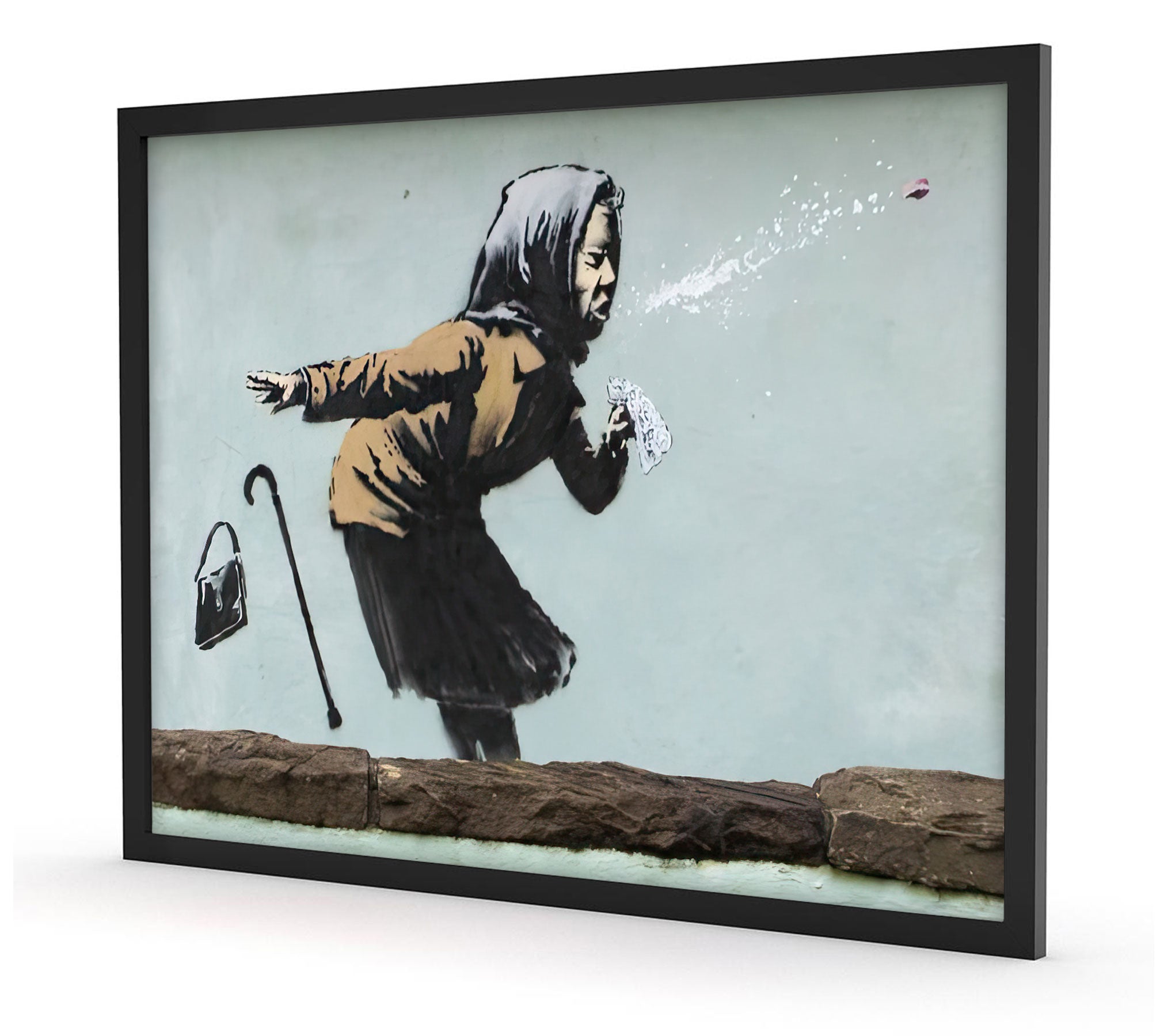 Banksy - Alte Frau niest, Poster im Rahmen