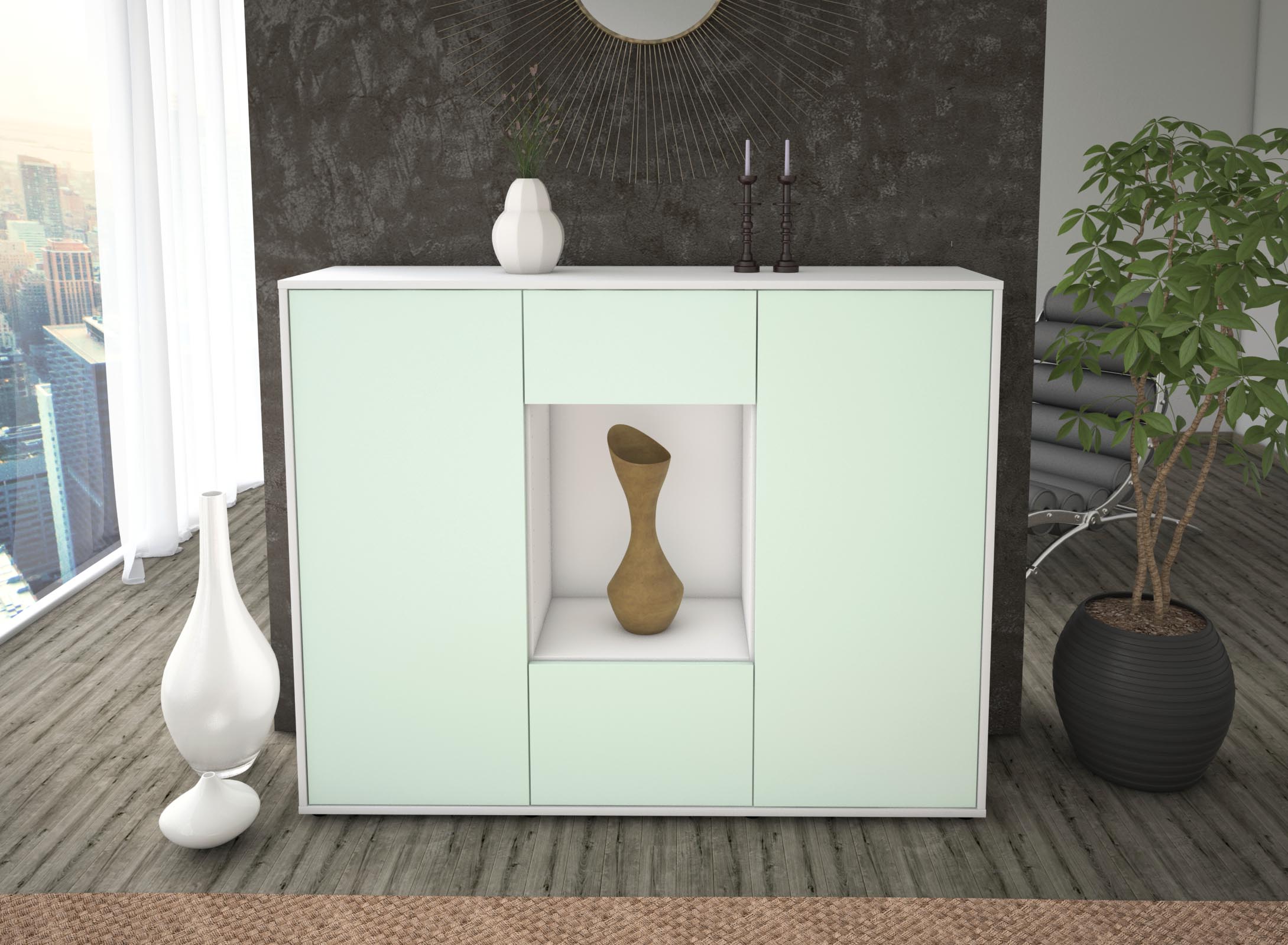 Highboard - Mara - Design Farbakzent - Freistehend mit Push to Open 136 cm Weiss