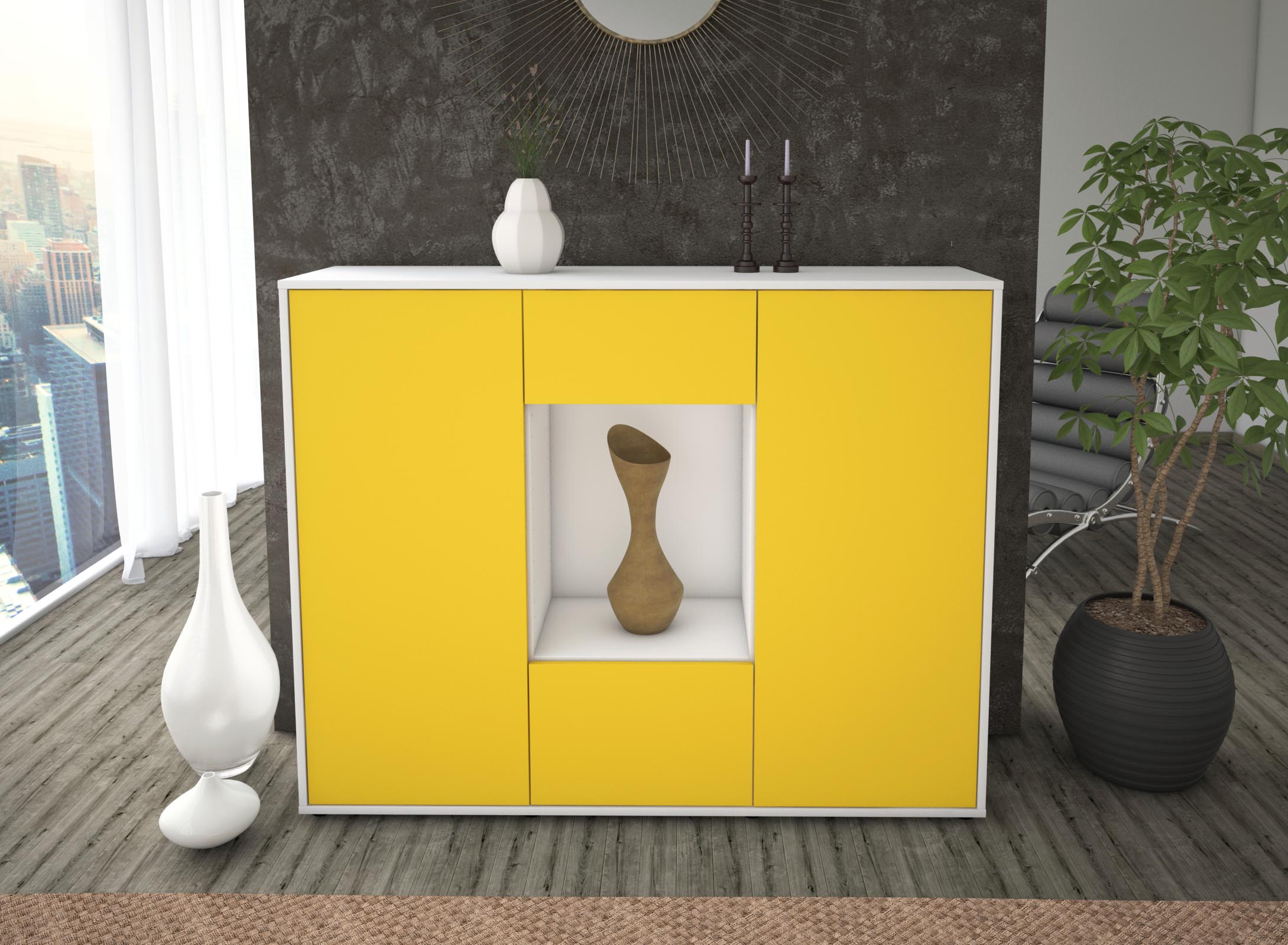 Highboard - Mara - Design Farbakzent - Freistehend mit Push to Open 136 cm Weiss