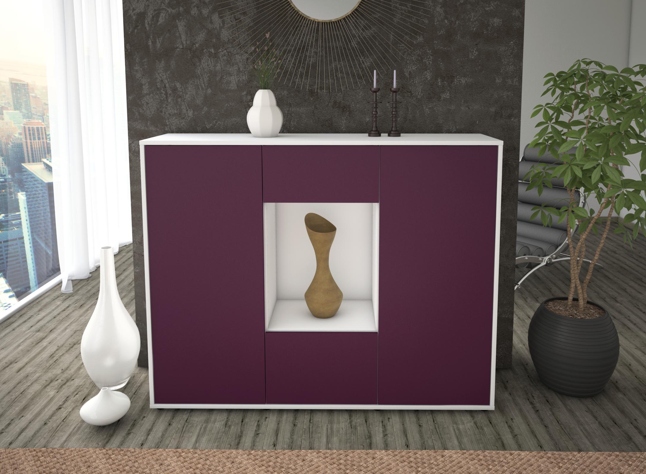 Highboard - Mara - Design Farbakzent - Freistehend mit Push to Open 136 cm Weiss