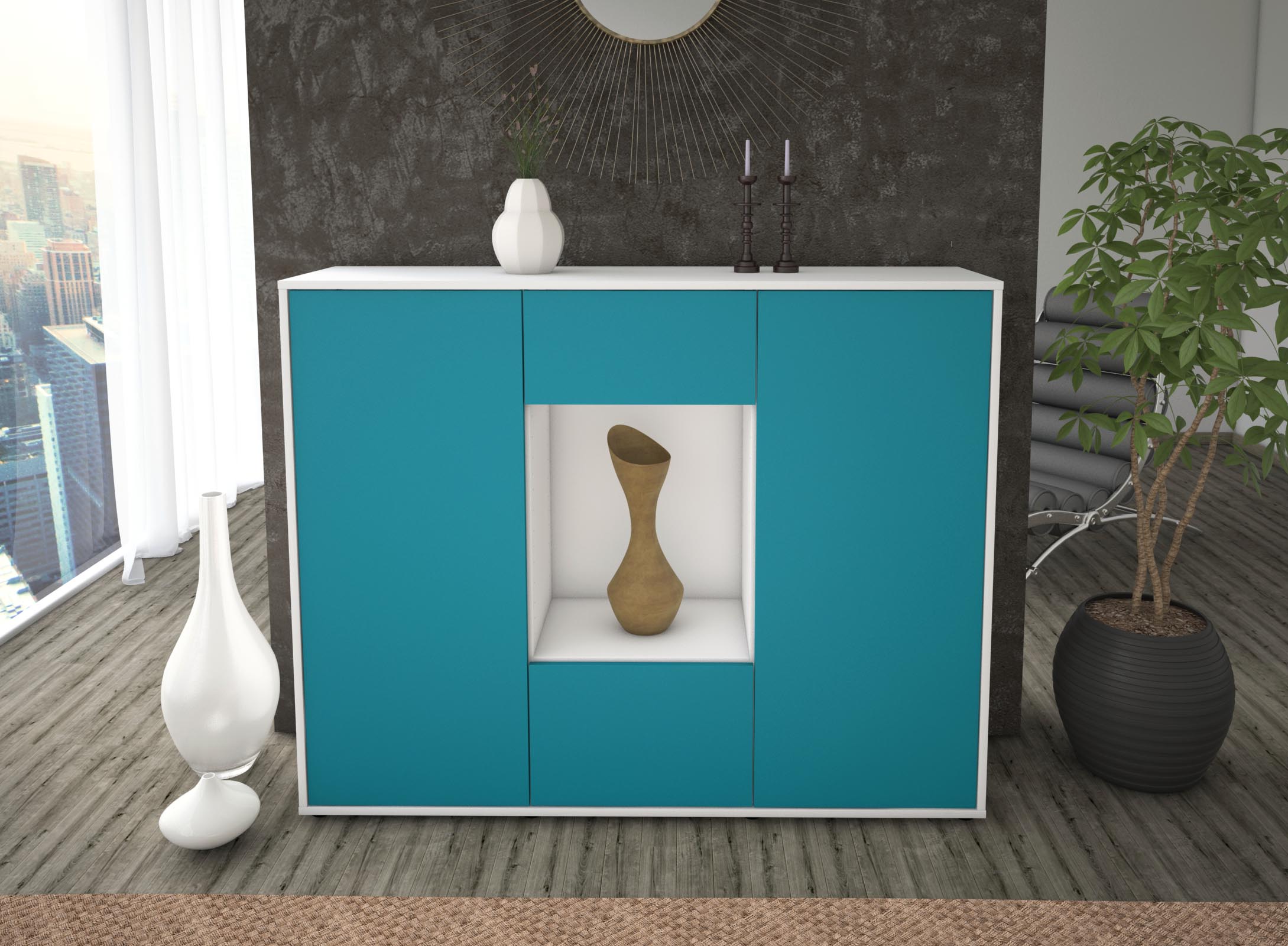 Highboard - Mara - Design Farbakzent - Freistehend mit Push to Open 136 cm Weiss