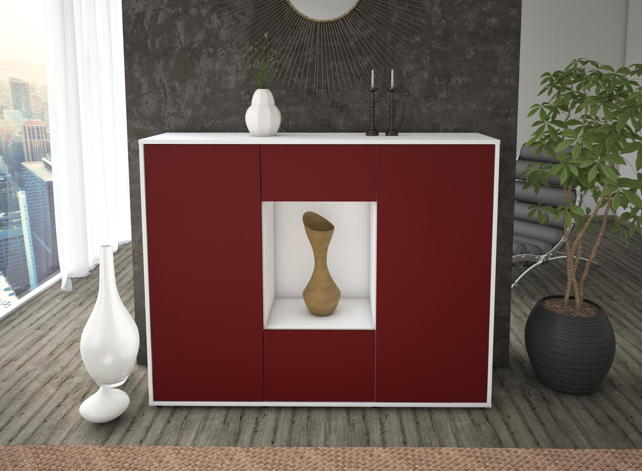 Highboard - Mara - Design Farbakzent - Freistehend mit Push to Open 136 cm Weiss