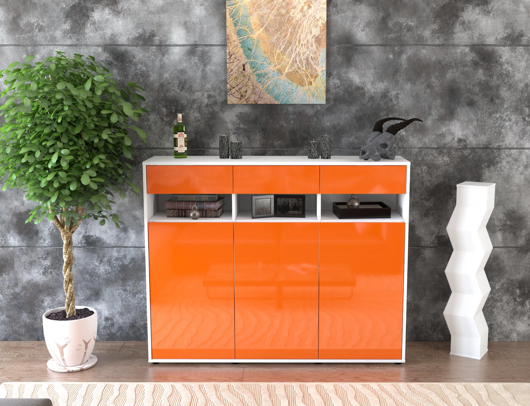 Highboard - Marlene - Design Hochglanz - Freistehend mit Push to Open 136 cm Weiss