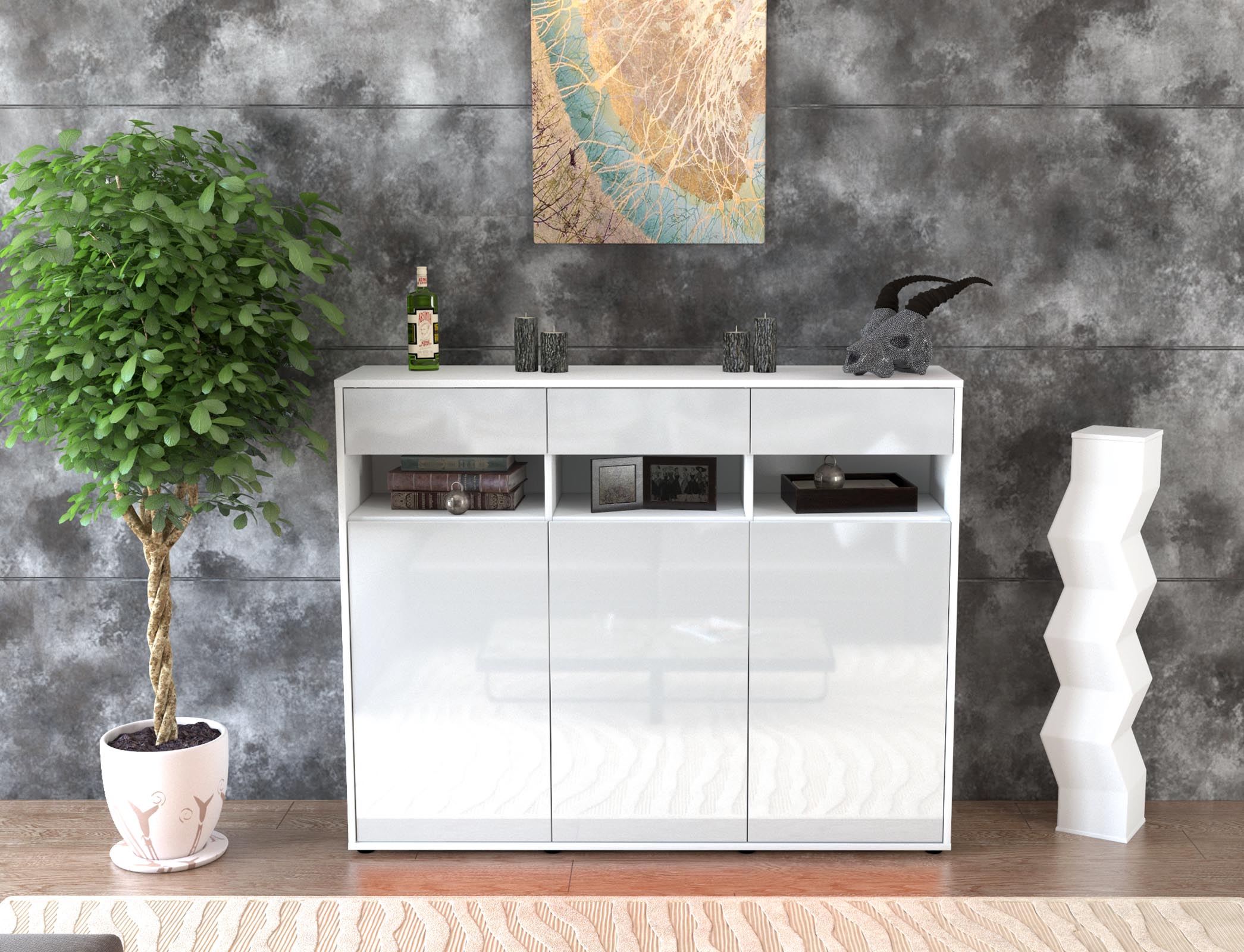 Highboard - Marlene - Design Hochglanz - Freistehend mit Push to Open 136 cm Weiss