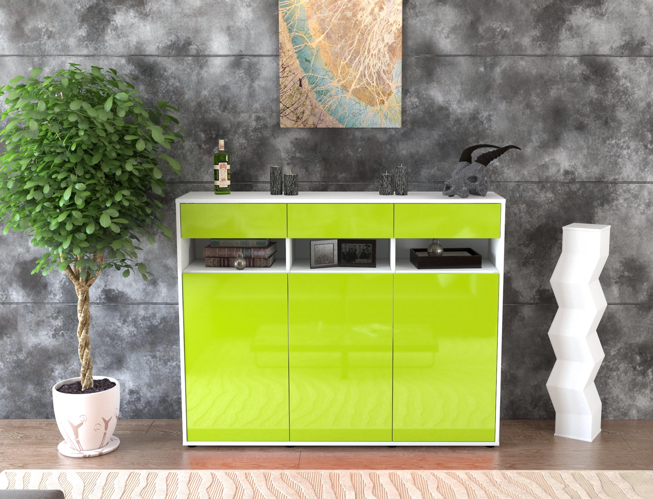 Highboard - Marlene - Design Hochglanz - Freistehend mit Push to Open 136 cm Weiss