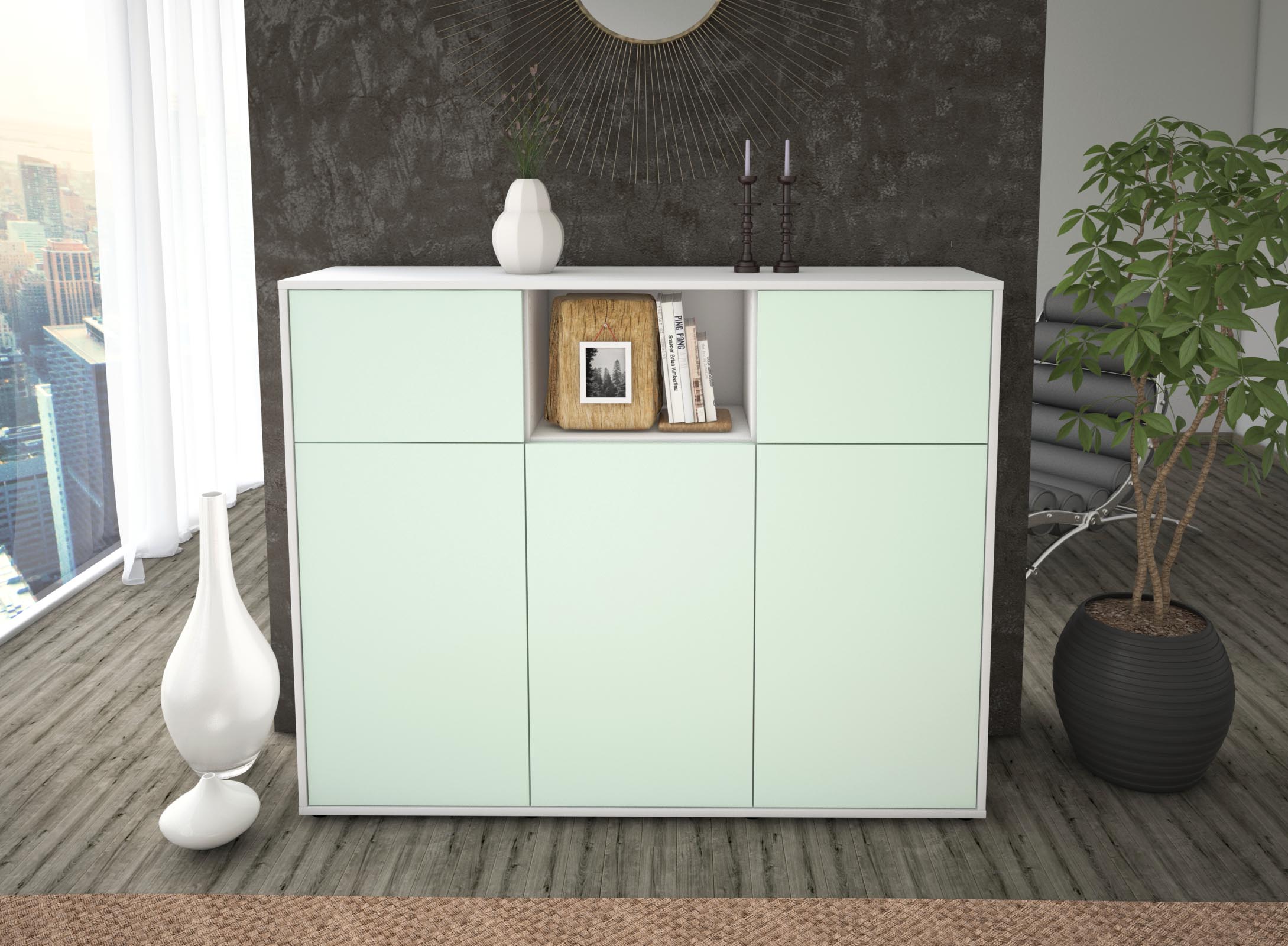 Highboard - Melanie - Design Farbakzent - Freistehend mit Push to Open 136 cm Weiss
