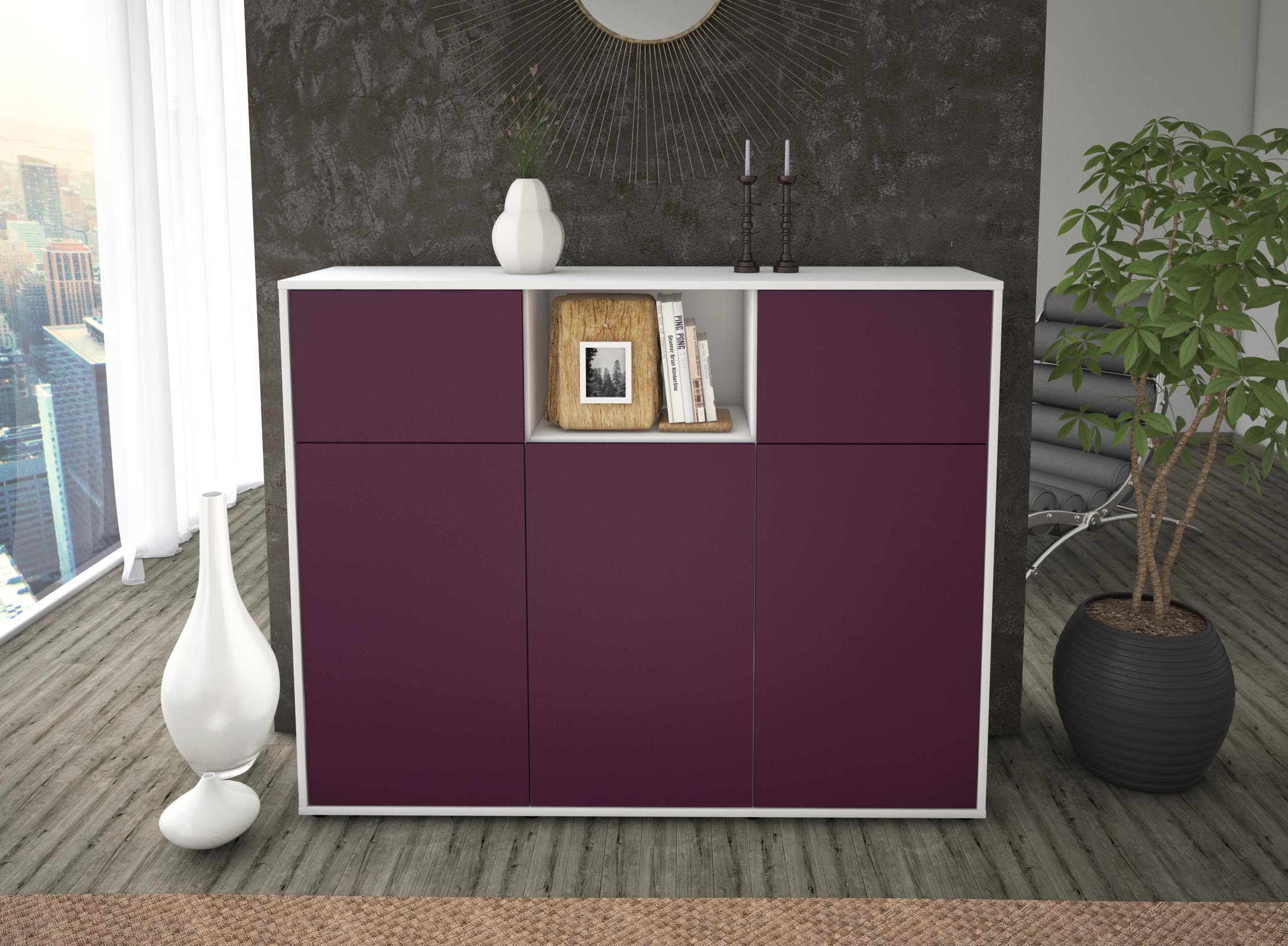 Highboard - Melanie - Design Farbakzent - Freistehend mit Push to Open 136 cm Weiss