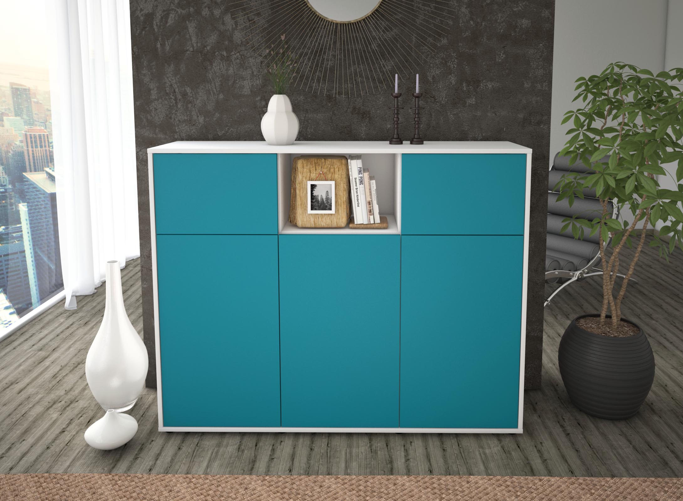 Highboard - Melanie - Design Farbakzent - Freistehend mit Push to Open 136 cm Weiss