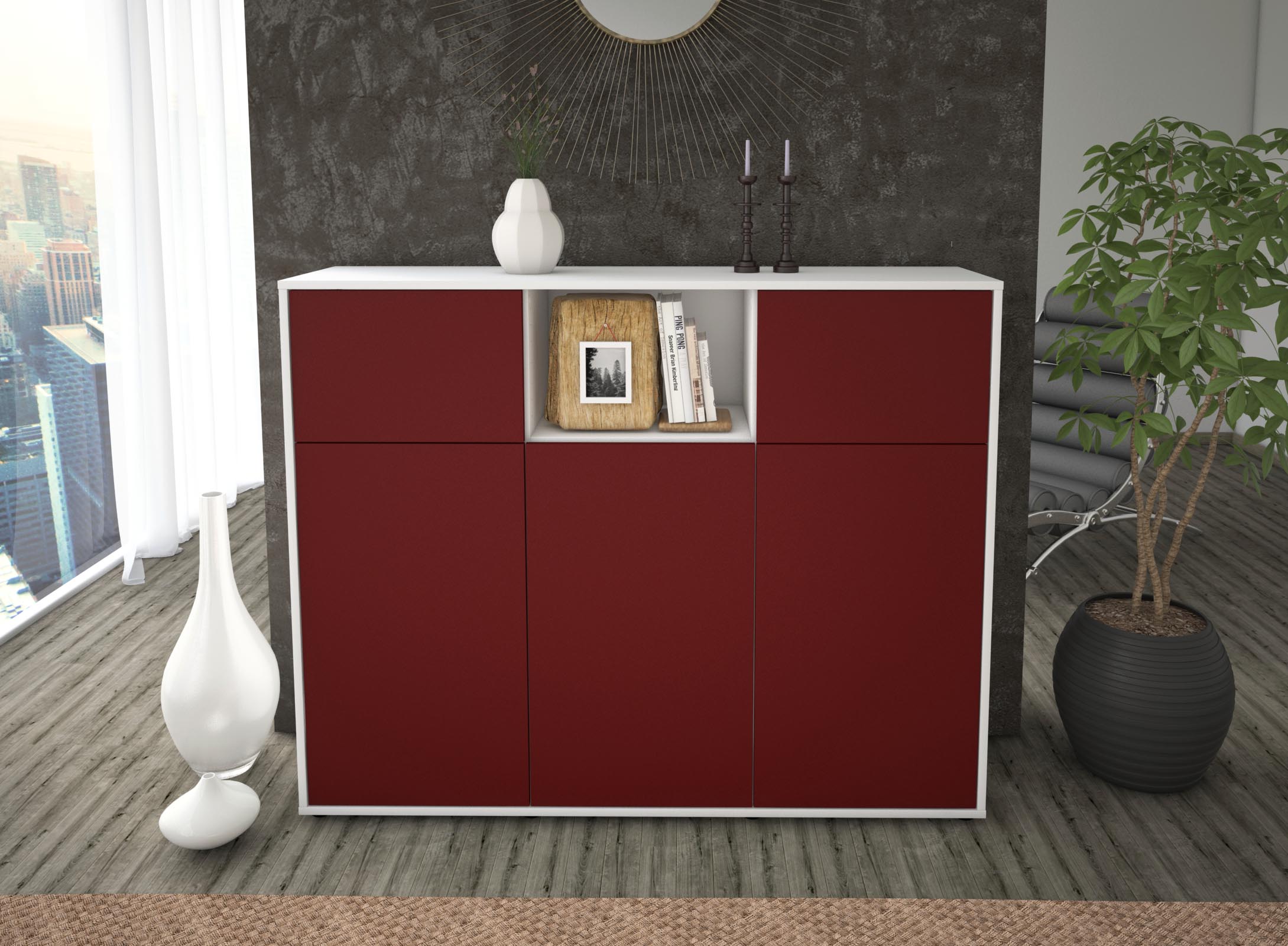Highboard - Melanie - Design Farbakzent - Freistehend mit Push to Open 136 cm Weiss