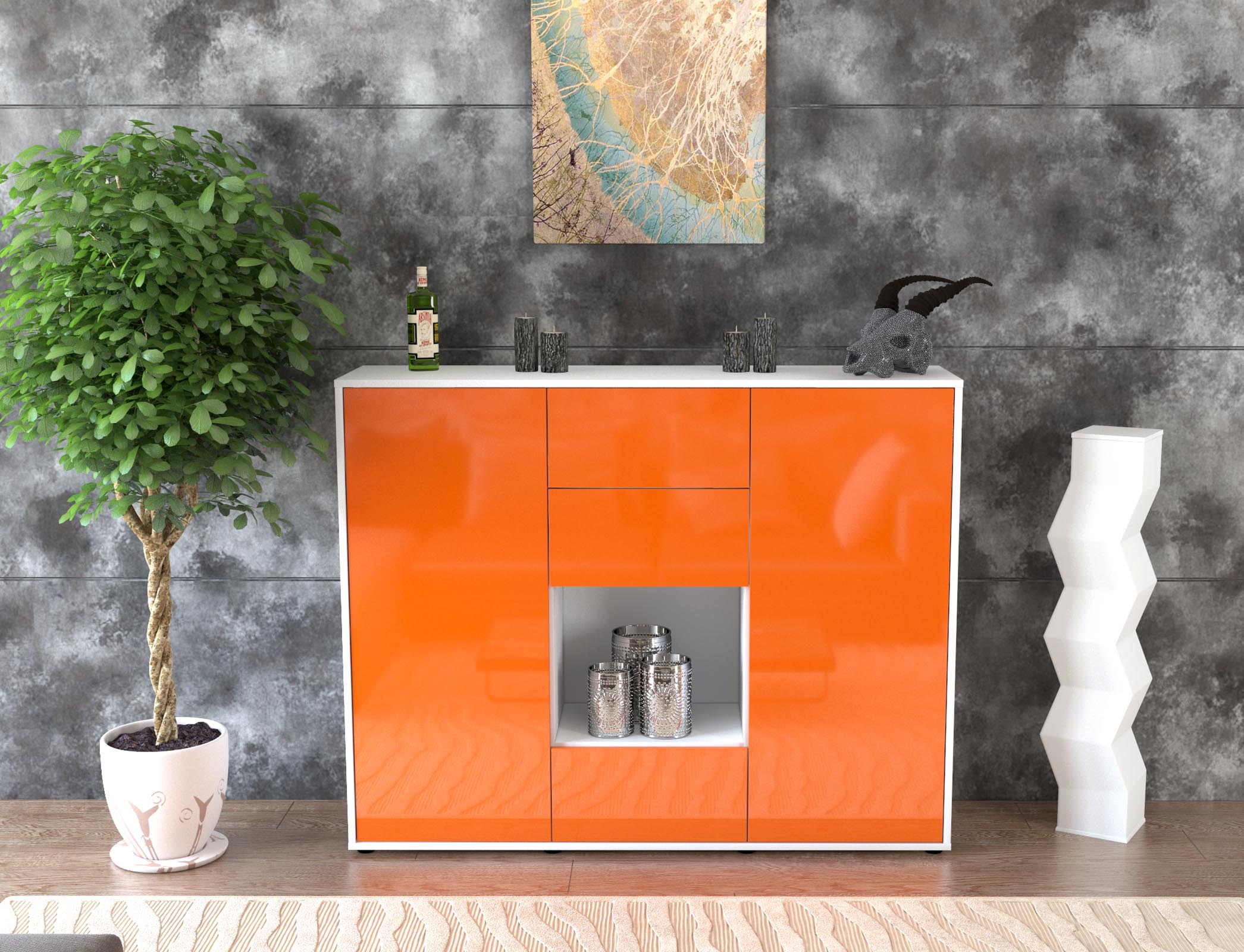 Highboard - Nora - Design Hochglanz - Freistehend mit Push to Open 136 cm Weiss