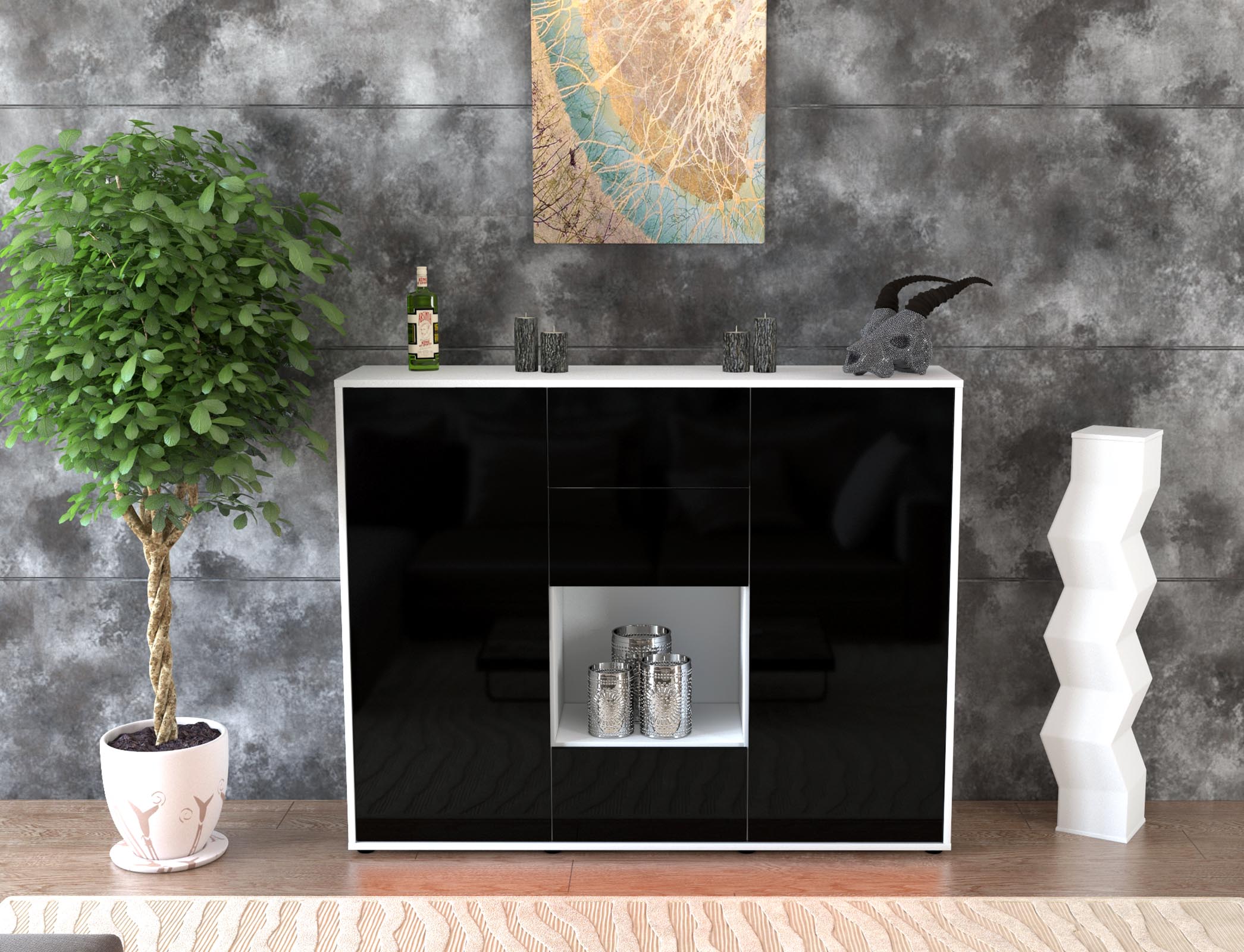 Highboard - Nora - Design Hochglanz - Freistehend mit Push to Open 136 cm Weiss