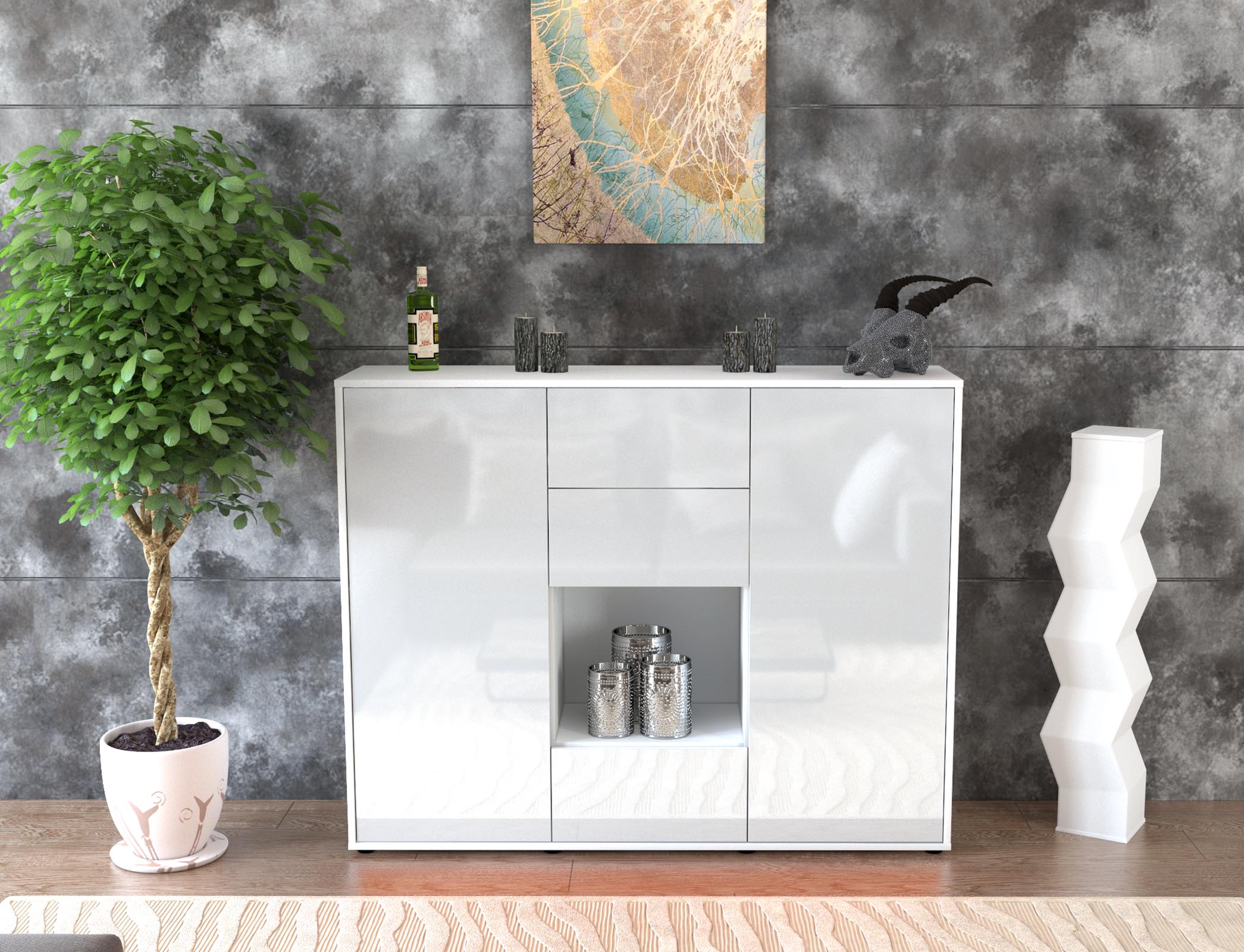 Highboard - Nora - Design Hochglanz - Freistehend mit Push to Open 136 cm Weiss