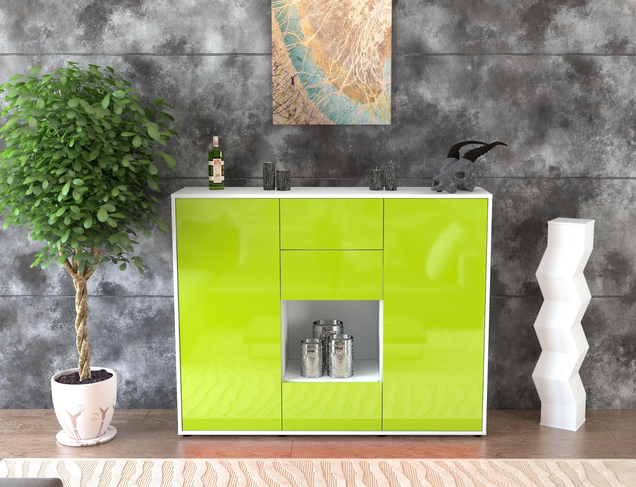 Highboard - Nora - Design Hochglanz - Freistehend mit Push to Open 136 cm Weiss