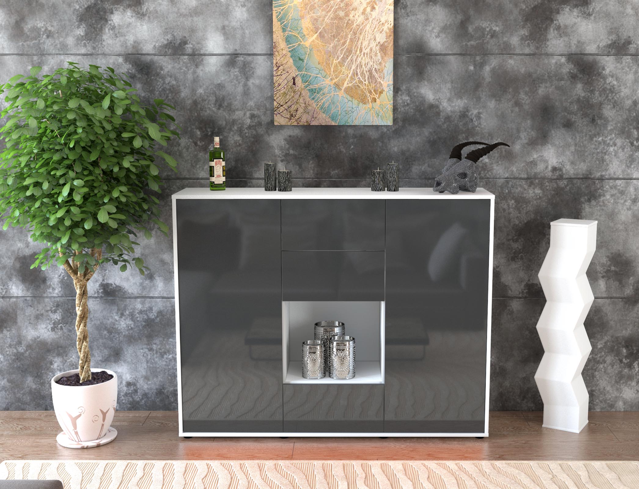 Highboard - Nora - Design Hochglanz - Freistehend mit Push to Open 136 cm Weiss