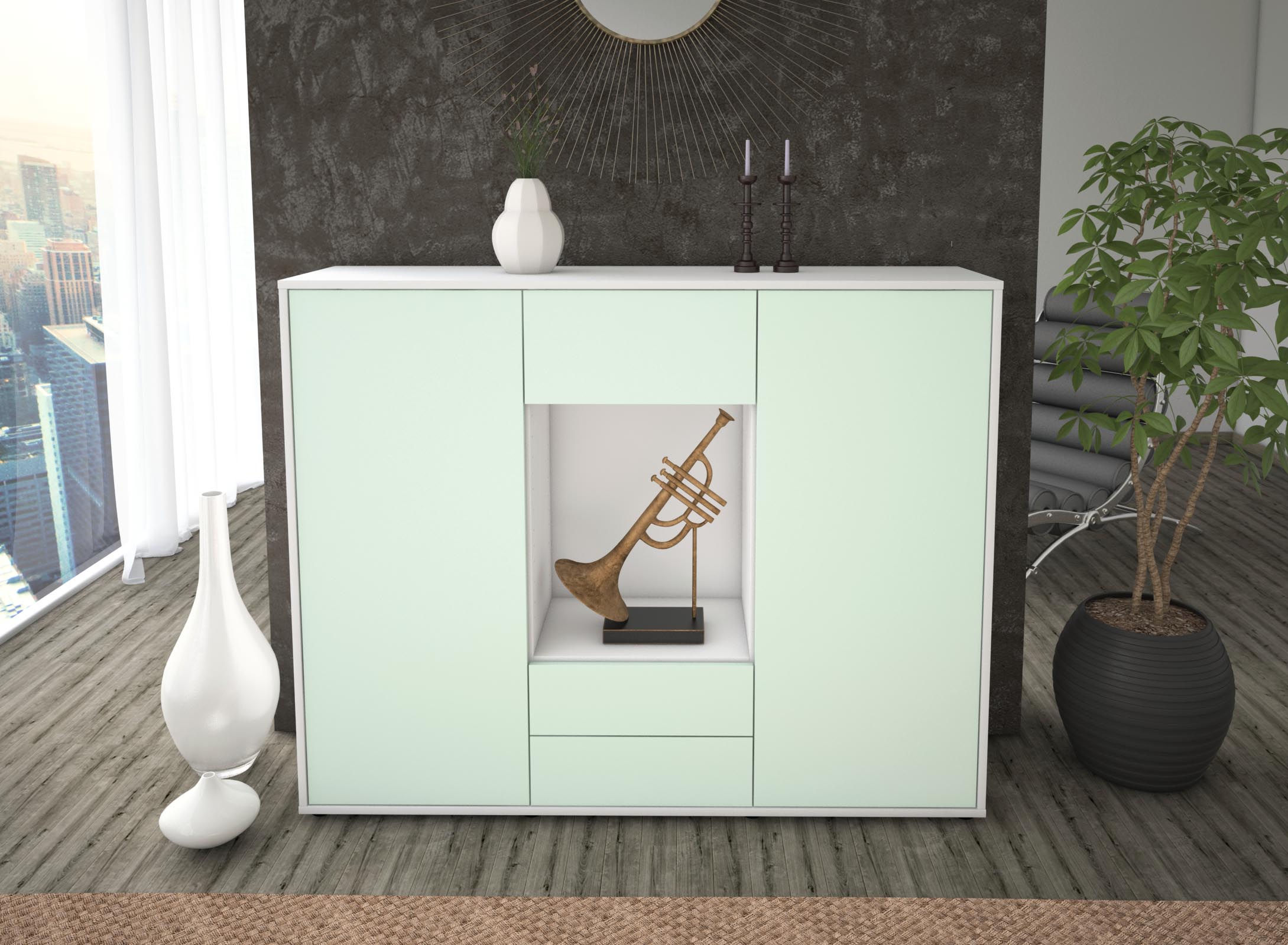 Highboard - Norina - Design Farbakzent - Freistehend mit Push to Open 136 cm Weiss